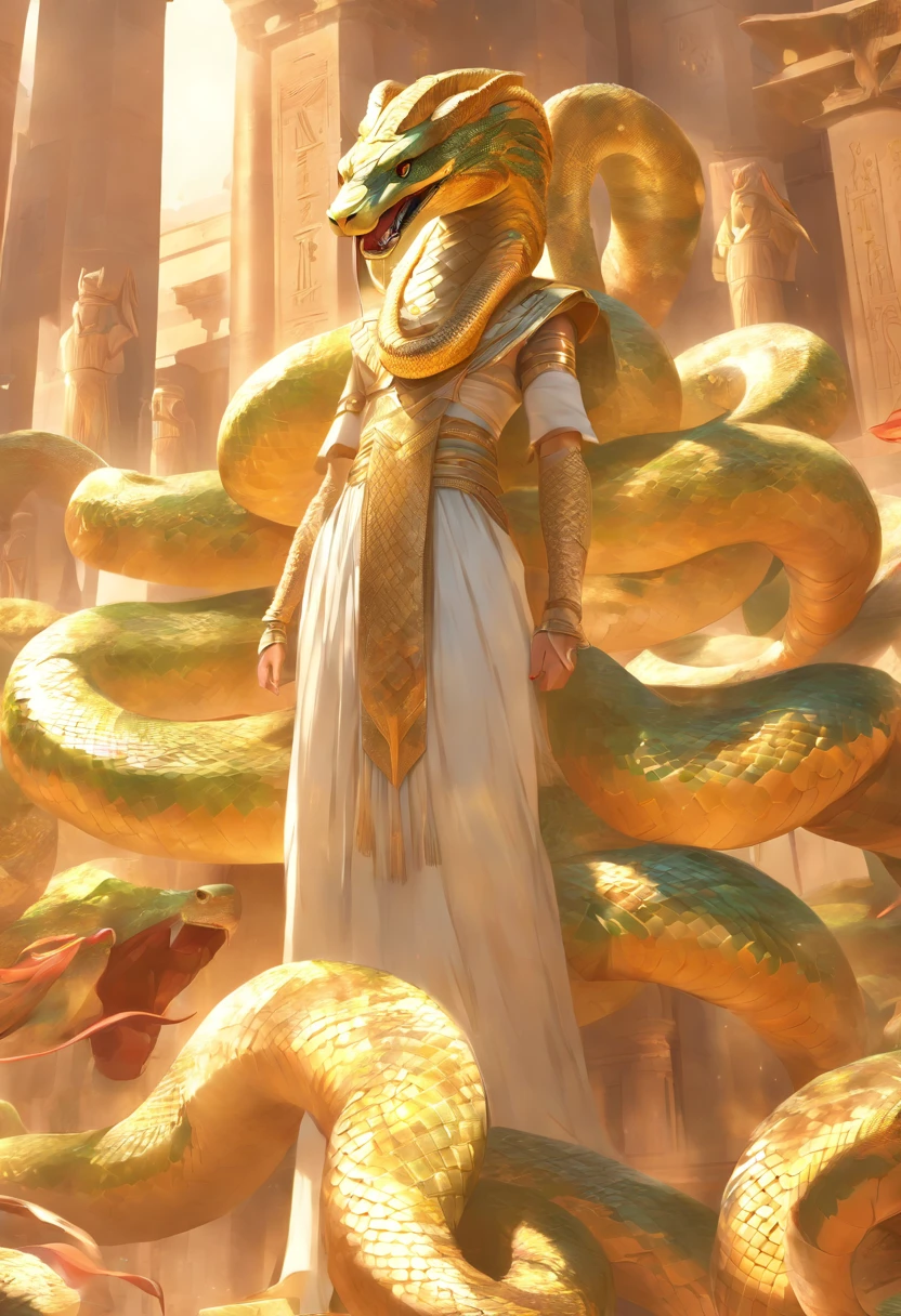 (((serpent face))) best quality, very high resolution, 4K detailed CG, masterpiece, Egyptian mythology, Renenutet, snake goddess, sun in the background, Ancient Egypt, standing pose, serpent face, white clothes , Egyptian clothing , Egyptian temple, desert, Ancient Egypt, ((serpent head)), Egyptian palace, aesthetics, beautiful image, centered on screen, standing pose