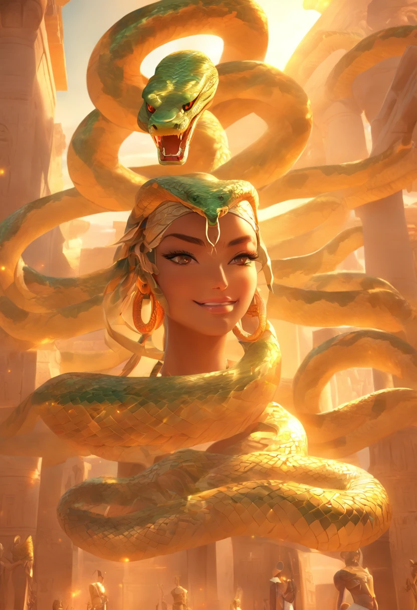 (((serpent face))) best quality, very high resolution, 4K detailed CG, masterpiece, Egyptian mythology, Renenutet, snake goddess, sun in the background, Ancient Egypt, standing pose, serpent face, white clothes , Egyptian clothing , Egyptian temple, desert, Ancient Egypt, ((serpent head)), Egyptian palace, aesthetics, beautiful image, centered on screen, standing pose