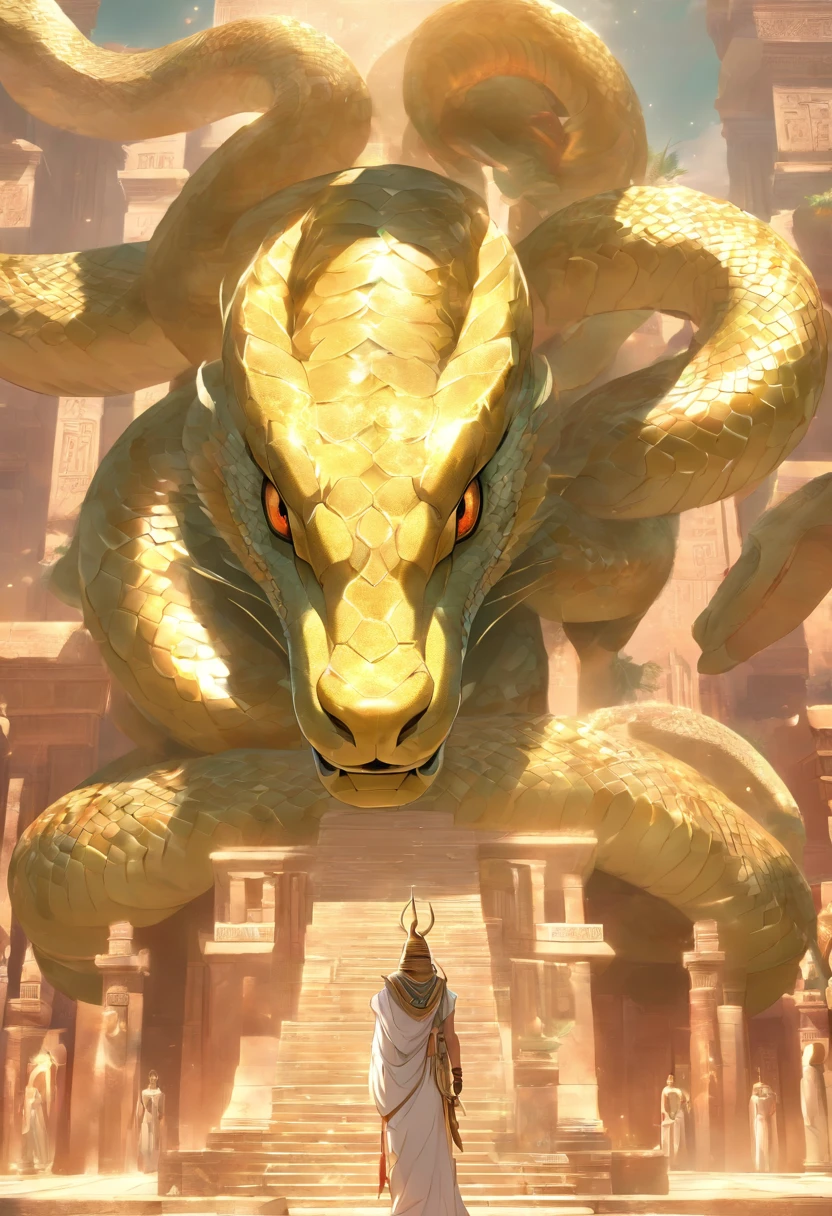 (((serpent face))) best quality, very high resolution, 4K detailed CG, masterpiece, Egyptian mythology, Renenutet, snake goddess, sun in the background, Ancient Egypt, standing pose, serpent face, white clothes , Egyptian clothing , Egyptian temple, desert, Ancient Egypt, ((serpent head)), Egyptian palace, aesthetics, beautiful image, centered on screen, standing pose