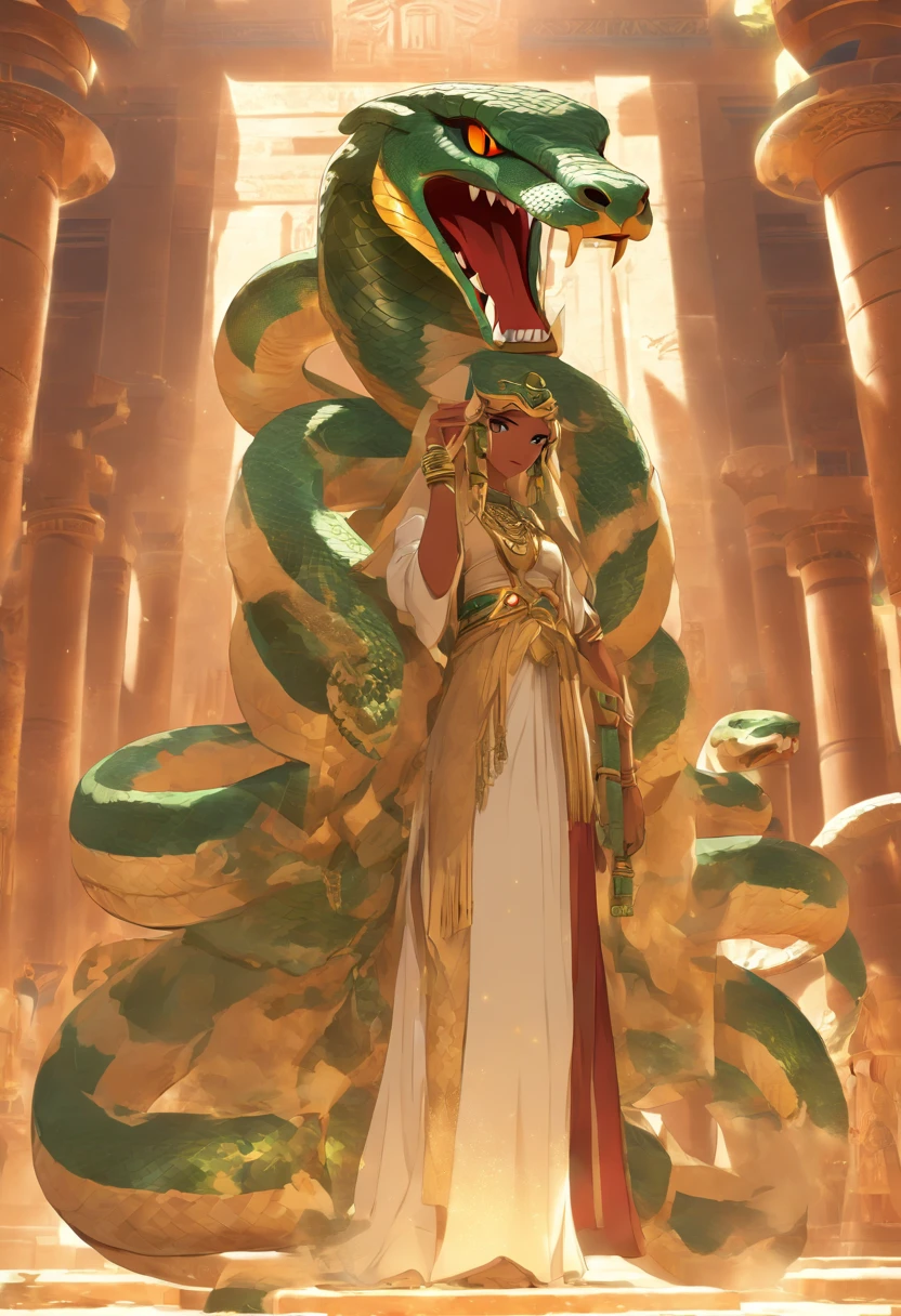 (((serpent face))) best quality, very high resolution, 4K detailed CG, masterpiece, Egyptian mythology, Renenutet, snake goddess, sun in the background, Ancient Egypt, standing pose, serpent face, white clothes , Egyptian clothing , Egyptian temple, desert, Ancient Egypt, ((serpent head)), Egyptian palace, aesthetics, beautiful image, centered on screen, standing pose