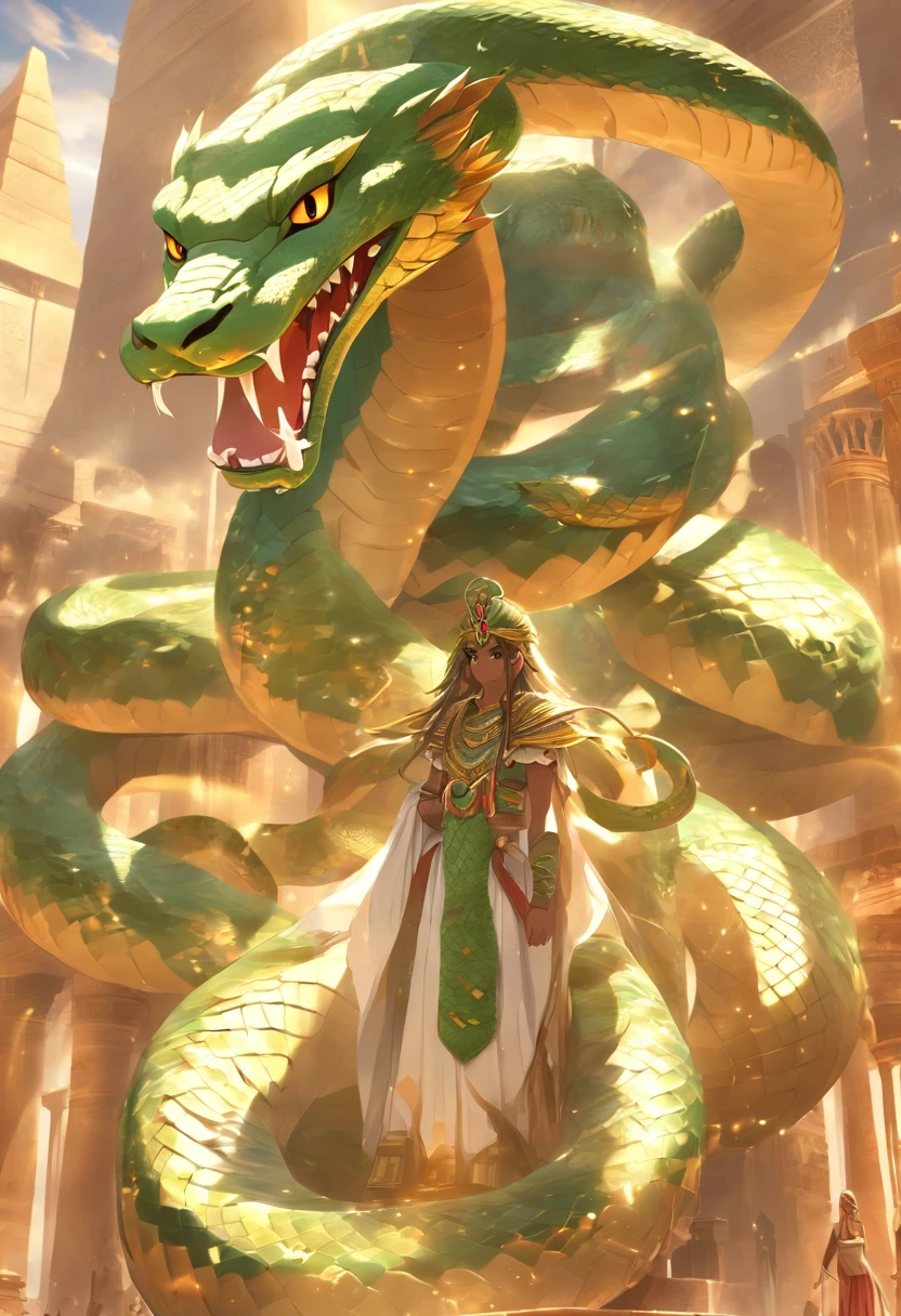 (((serpent face))) best quality, very high resolution, 4K detailed CG, masterpiece, Egyptian mythology, Renenutet, snake goddess, sun in the background, Ancient Egypt, standing pose, serpent face, white clothes , Egyptian clothing , Egyptian temple, desert, Ancient Egypt, ((serpent head)), Egyptian palace, aesthetics, beautiful image, centered on screen, standing pose