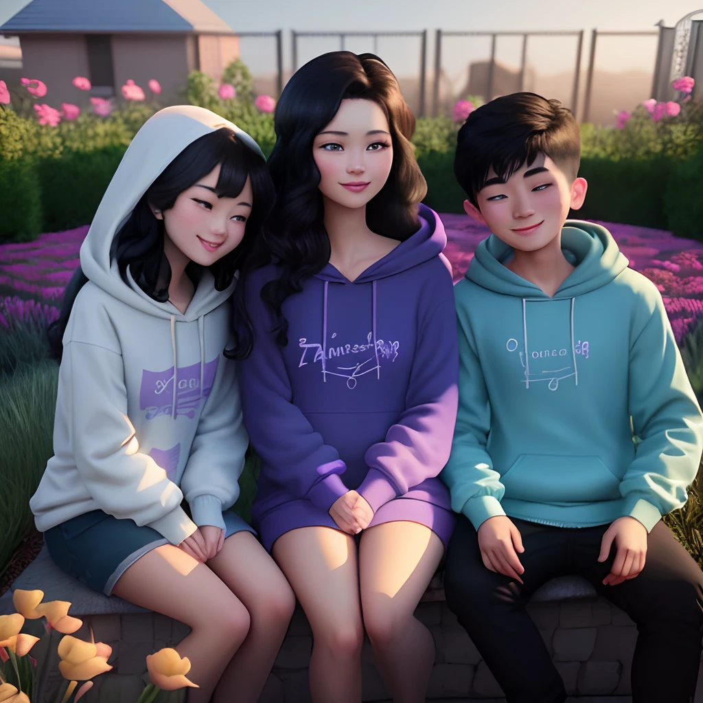 Cute cartoon style of three Asian two boy and one girls wearing blue and purple hoodies with the name writting "joshua" and "camila " and "samuel", typography, brown eyes and black long hair, fashion, 3D rendering ”, sitting in a garden, painting, background 3D flowers, floating bubbles, cute flowers and small multi color details