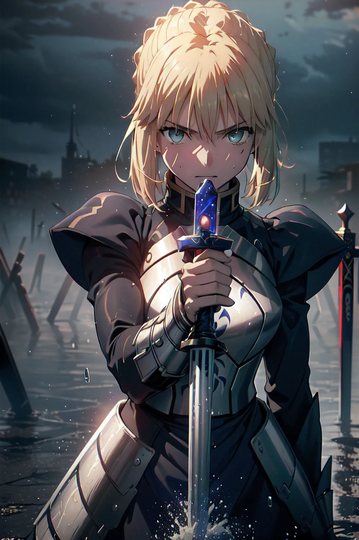 (masterpiece, high resolution, detailed:1.3), Artoria Pendragon from Fate/Stay Night anime, (holding Excalibur sword:1.2), (rain-soaked armor:1.2), (intense expression in the twilight:1.2), dynamic angle, (dramatic lighting:1.2), (heavy raindrops falling:1.1), (muddy battlefield backdrop:1.1), (debris of fallen soldiers:1.1), (dark clouds looming overhead:1.2), (exhausted but determined facial features:1.2), (tattered battle flag in the background:1.1), (ripples in puddles reflecting the scene:1.1), (Canon EOS-1D X Mark III camera for exceptional detail:1.2), (paired with a Canon EF 24-70mm f/2.8L II USM lens:1.2), (capturing the emotion and intensity of the moment:1.1), (highlighting the rain-soaked atmosphere:1.1), (immersing the viewer in a somber and dramatic scene:1.1).