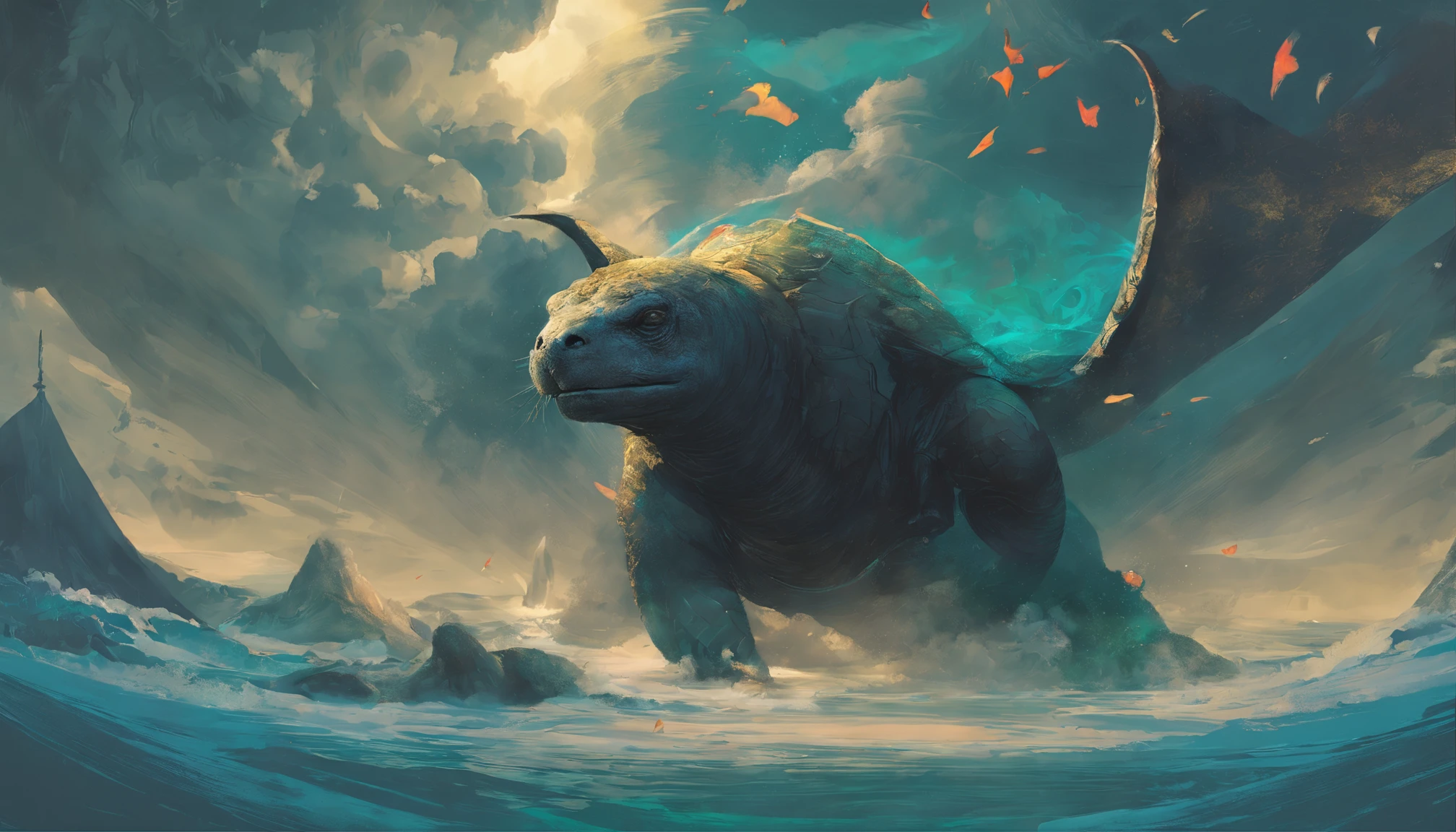 china style，chinese mythology，Dragon Turtle，faucet，angled，（（Tortoise body）），Giant tortoise shell，（Heavy turtle shell：1.4），Snake tail grows，the presence of horns on the head，tosen，Fierce，immensity，Eyes emit blue light，Mare，Huge waves，Surrounded by clouds，中景 the scene is，As a whole body， Highly detailed surreal VFX，OC rendering，model shoot tyle, (Very detailed CG 8k wallpaper,Its head resembles that of a seal (About twice as large) And his body when々Affected by very noticeable ripples, It is the last, His back is covered with a kind of saw teeth: Its length is about 20 meters (minimum value), Its color is gray and black; Its head resembles that of a seal (With about twice the dimensions) And his body when々Affected by very sharp ripples, At last、Its back is covered with a kind of saw teeth: By this、The similarity with the seal is eliminated、The similarity with Edbrink Dyne's painting stamp is eliminated, Atey Ghailan, Ghibli Studio, De Jeremy Mann, Greg Manshadinho, Antonio Moro, Trending in art stations, trend at CGSociety, Convoluted, high detal, foco nítido, Dramatic, Mid Journey and Art Painting by Greg Lutkowski, Teal and Gold, flower petals, field, actionpose, Casting a spell, Green Rhodope Magic