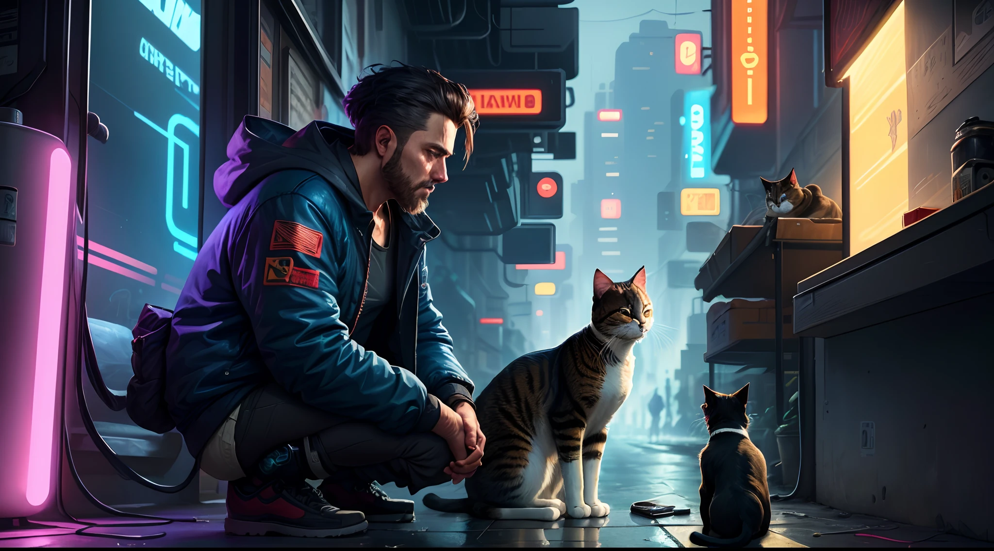 A lonely man near a cat In a cyberpunk universe, video games style, realistic, phone wallpaper, ultra hd, realistic.