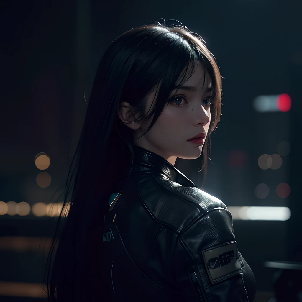 Hyper realistic, Lifelike texture, Dramatic Lighting, (Best Quality:1.1), depth of fields, during night, in a futuristic cyberpunk city, nffsw, Shallow depth of field, Broad light, High contrast, Backlighting, bloom, light glow, chromatic abberation, Sharp Focus, Futuristic clothes, Leather jacket, beauty512, Inchu,Z whole body
