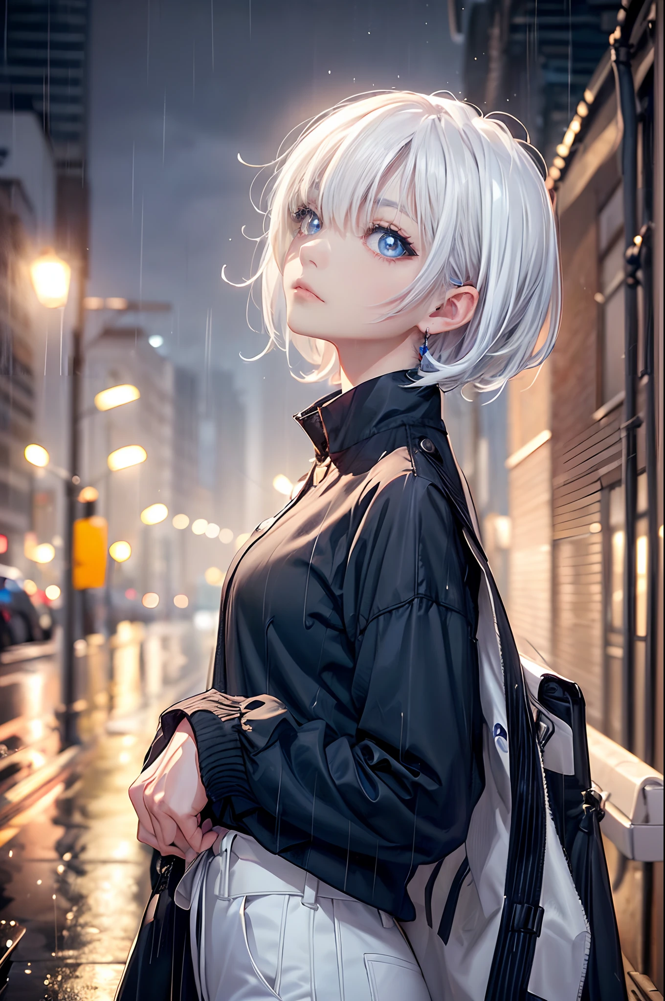 ((4K works))、​masterpiece、(top-quality)、1 beutiful girl、Slim body、tall、((Black Y-shirt and white pants、Charming street style))、Wear one jacket、(Detailed beautiful eyes)、Morning City、((Rainy city))、Fashionable city with morning rain、((Face similar to Carly Rae Jepsen))、((Short-haired white hair))、((Smaller face))、((Neutral face))、((Bright blue eyes))、((American adult women))、((Adult female 26 years old))、((cool lady))、((Like a celebrity))、((sad and depressed look))、((Korean Makeup))、((elongated and sharp eyes))、((Happy dating))、((boyish))、((Upper body photography))、Professional Photos、((Shot alone))、((She is looking up at the sky under the roof))、((shot from a side angle))、((She is facing upwards))、((Her eyes are looking upwards))