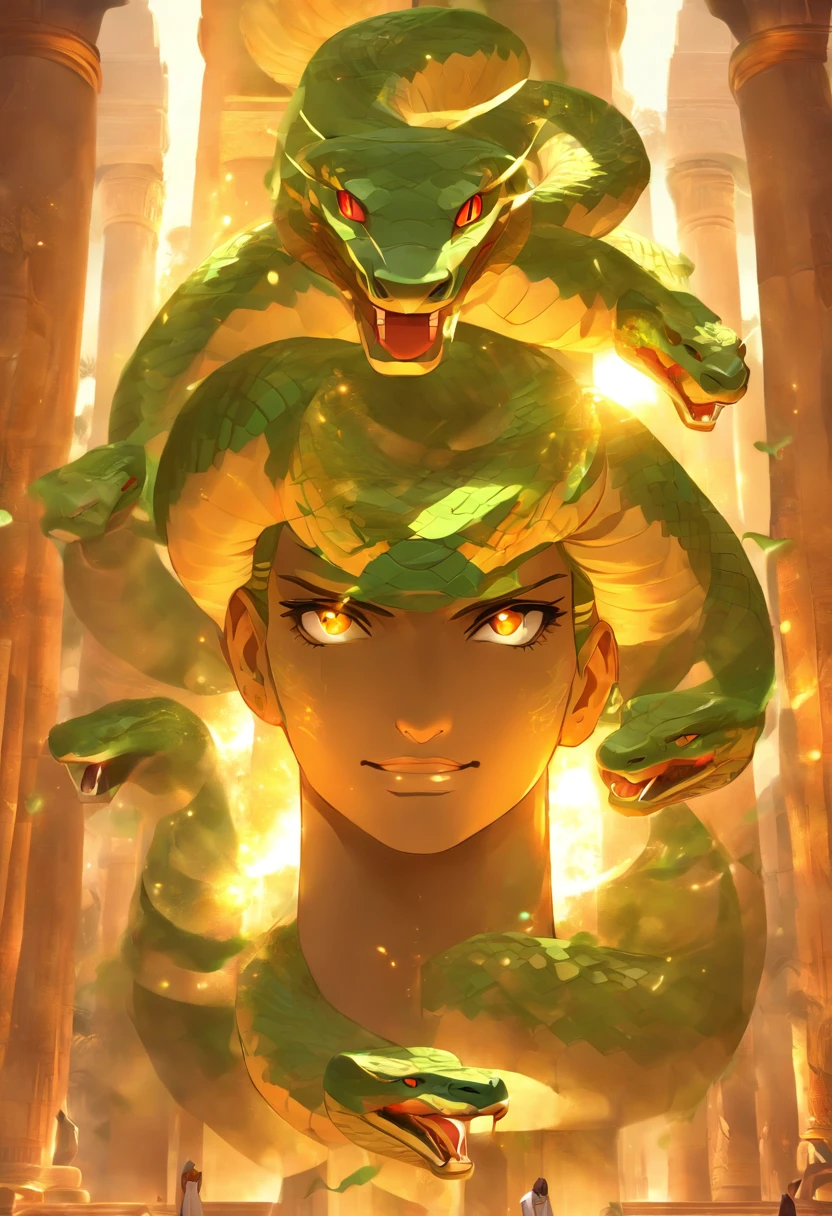 (((serpent face))) best quality, very high resolution, 4K detailed CG, masterpiece, Egyptian mythology, Renenutet, snake goddess, sun in the background, Ancient Egypt, standing pose, serpent face, white clothes , Egyptian clothing , Egyptian temple, desert, Ancient Egypt, ((serpent head)), Egyptian palace, aesthetics, beautiful image, centered on screen, standing pose