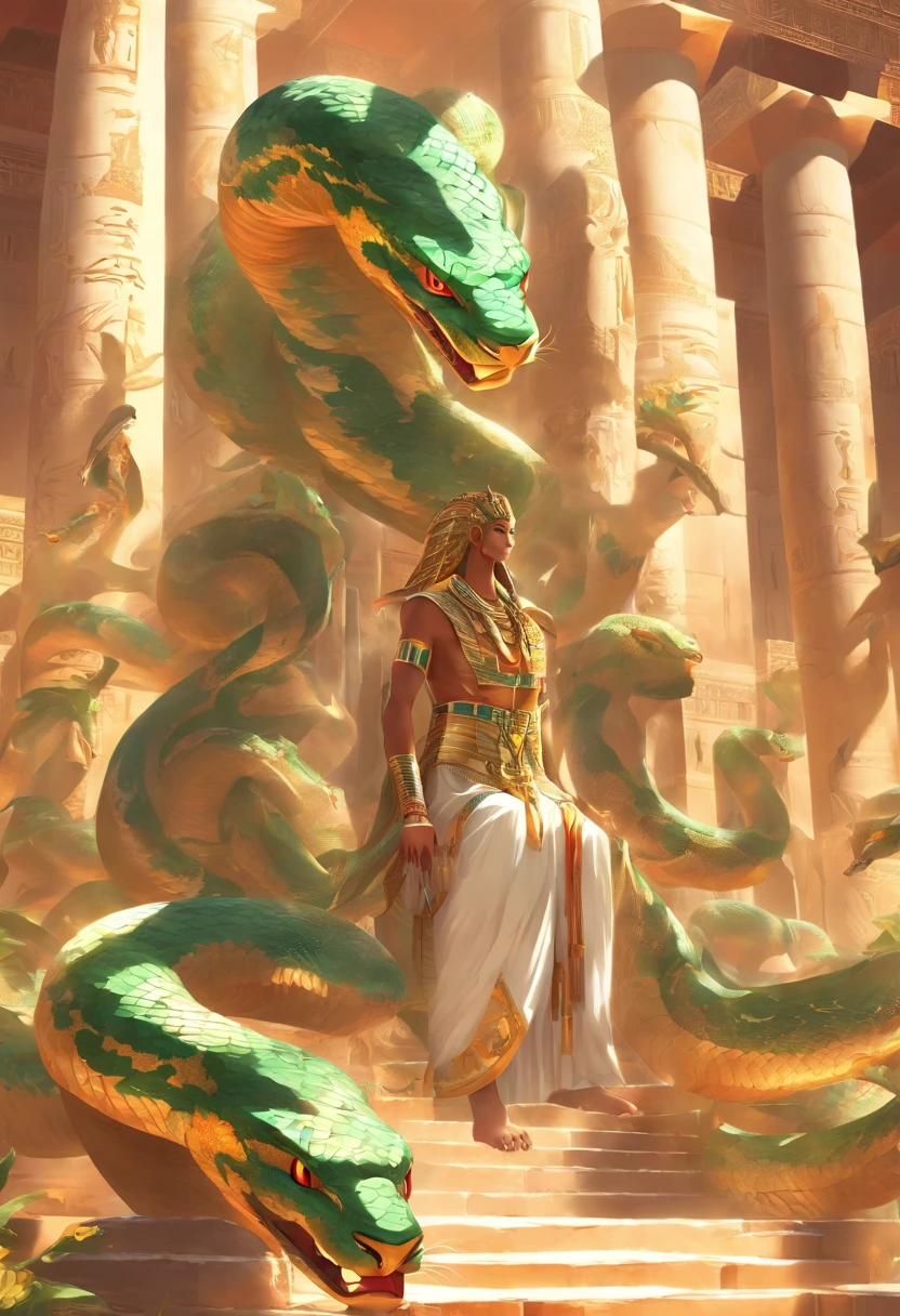 (((serpent face))) best quality, very high resolution, 4K detailed CG, masterpiece, Egyptian mythology, Renenutet, snake goddess, sun in the background, Ancient Egypt, standing pose, serpent face, white clothes , Egyptian clothing , Egyptian temple, desert, Ancient Egypt, ((serpent head)), Egyptian palace, aesthetics, beautiful image, centered on screen, standing pose