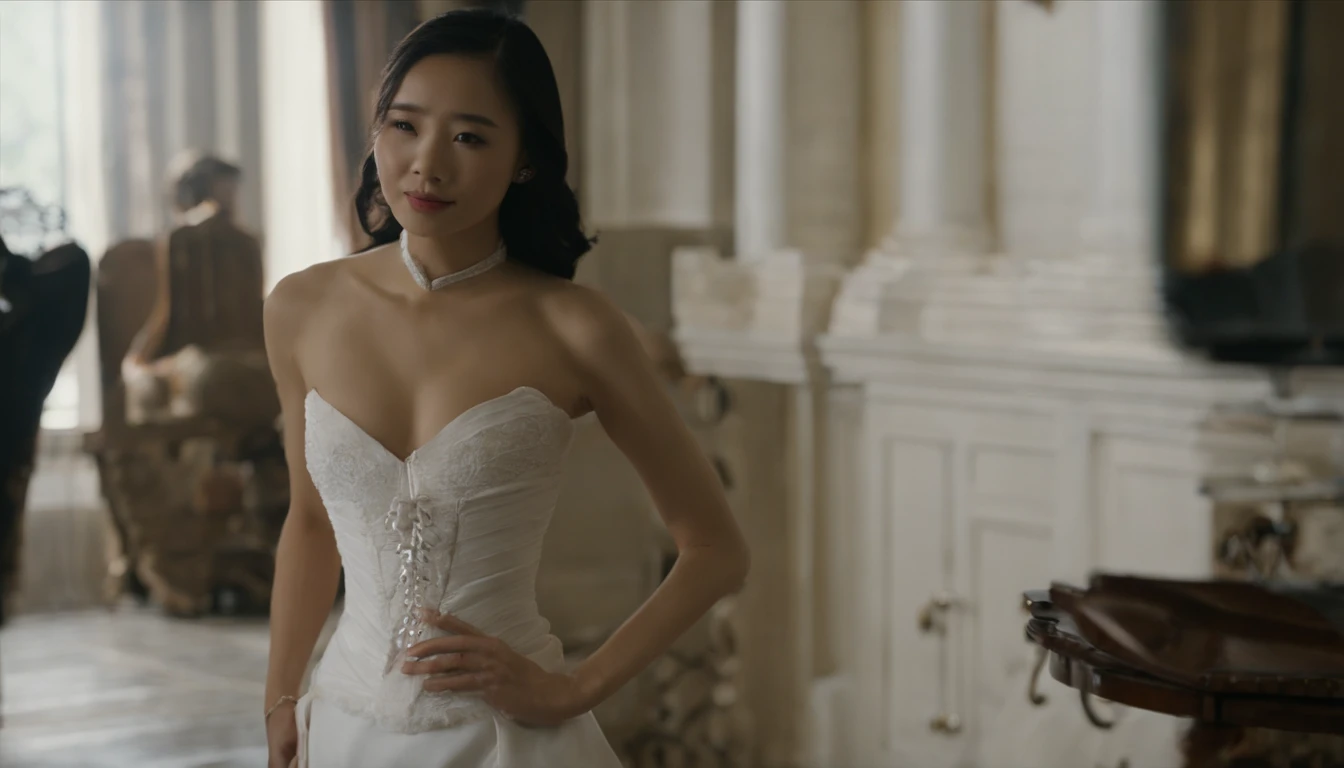 Master masterpieces，25-year-old Chinese woman，  RAW photos，Normal shooting ， realisticlying：1.5， 8k wallpaper， slender body， B cup breasts,Half of the breasts are exposed， The face is natural and realistic， digital SLR camera， Natural light， high high quality， White corset，White 7-point pants，White high heels，Look at the angle from the bottom up，full bodyesbian， parks