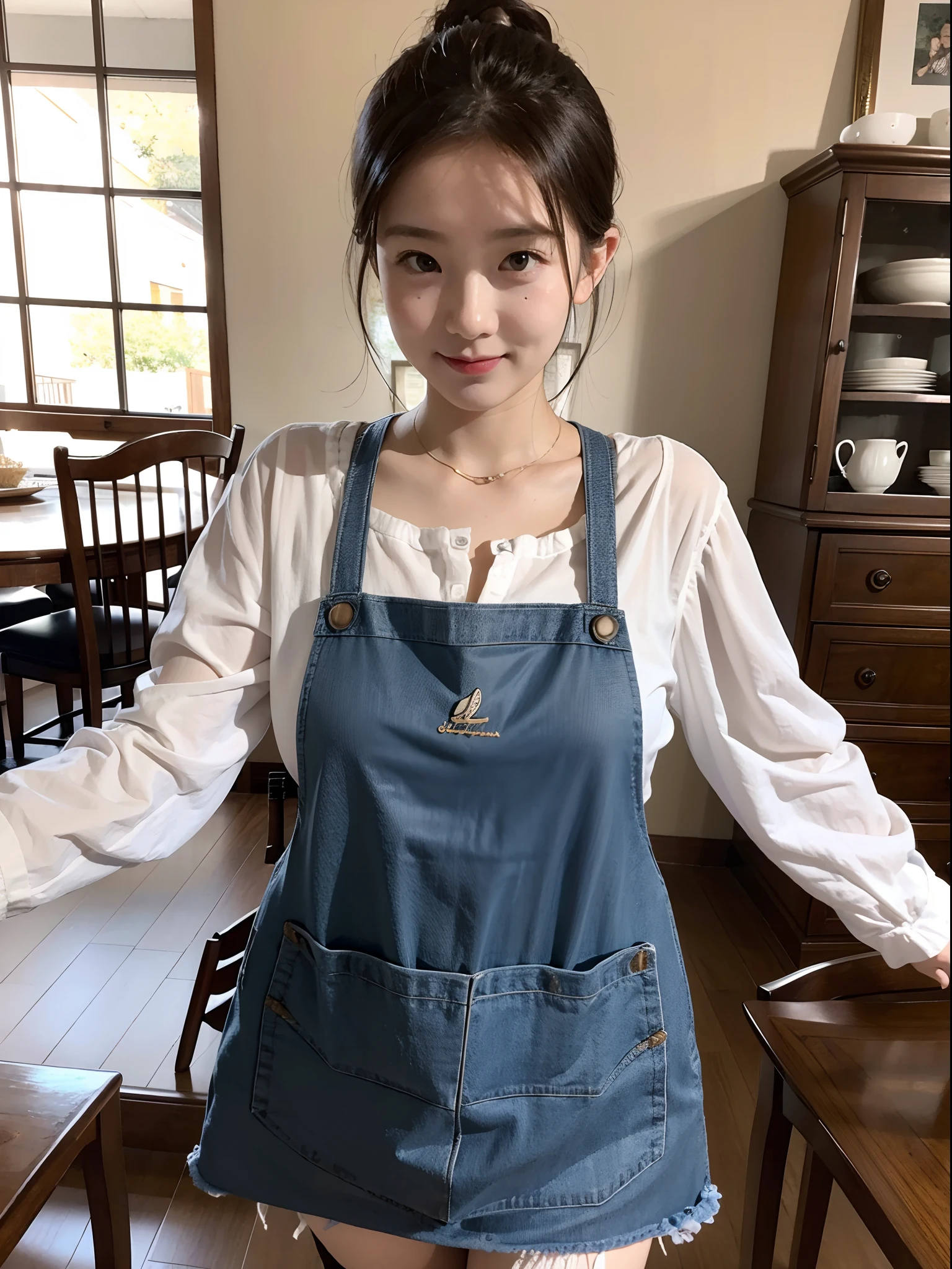 ((Female cooks))、(((1人)))、Faucet Cap、Sexy cooking clothes、pinafore、Beautiful breasts、underpants、((resturant))、A slight smil、full bodyesbian、(((Cooking clothes with open chest)))、a miniskirt、((A sexy))、((High exposure))、Short-cut hairstyles 、Women in Japan、Photorealsitic、Beautiful detailed eyes、Hyper-Realism、Ultra HD、realistic skin textures、Top image quality、top-quality、超A high resolution、A dark-haired