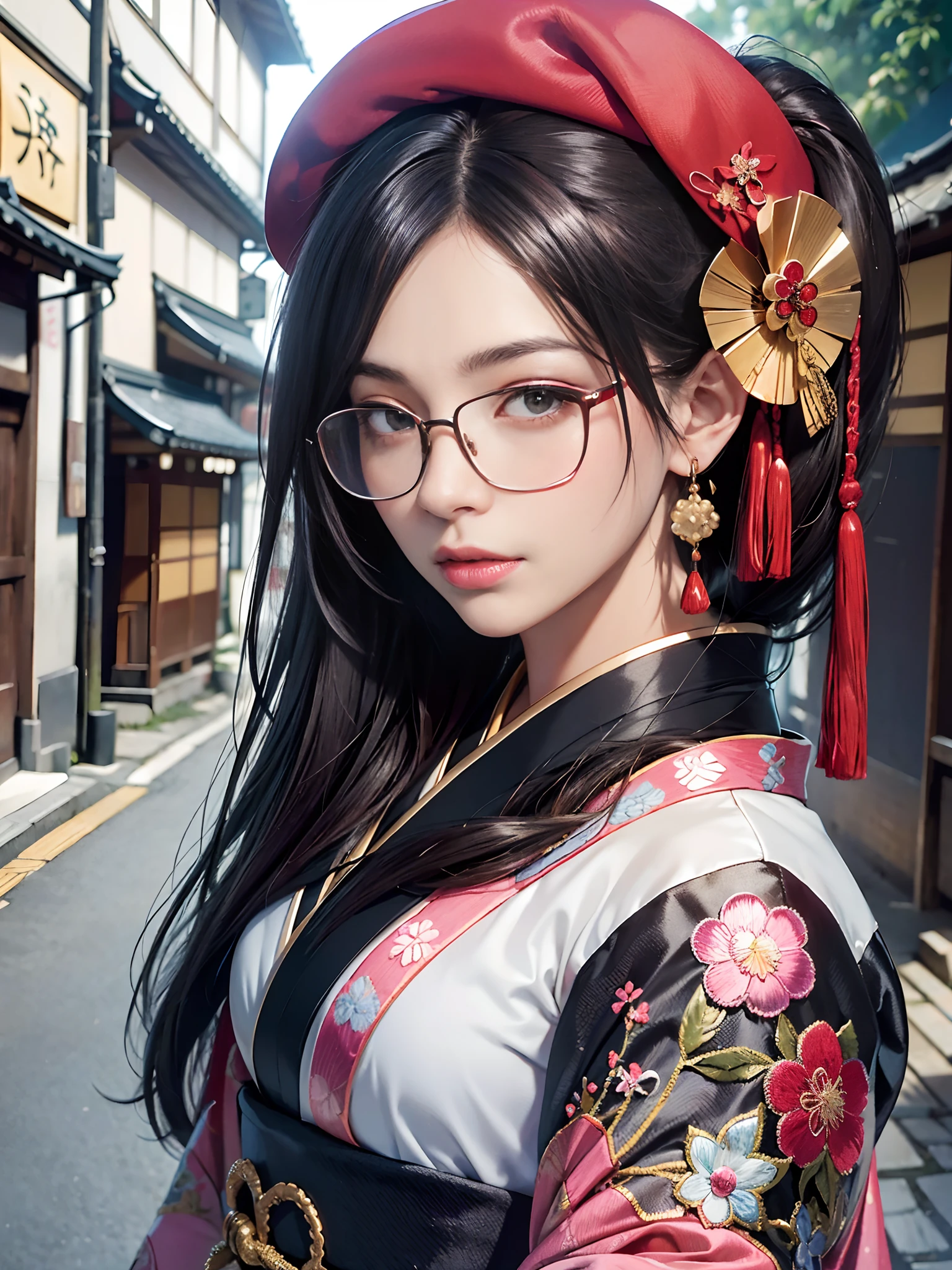 Background of details(Alleys in Kyoto),elaborate costume(Luxury kimono(Colorful kimono(detailed embroidery))),BREAK 1 Beautiful and Classy Adult Woman(Japanese actressl:1.2)(glossy dark hair(beret),(poneyTail:1.2)),(eye glasses:1.2), Wallpapers 16K,Blur the background,(masutepiece:1.5), (Best Quality:1.5),(Portrait photos:1.5),full body Esbian