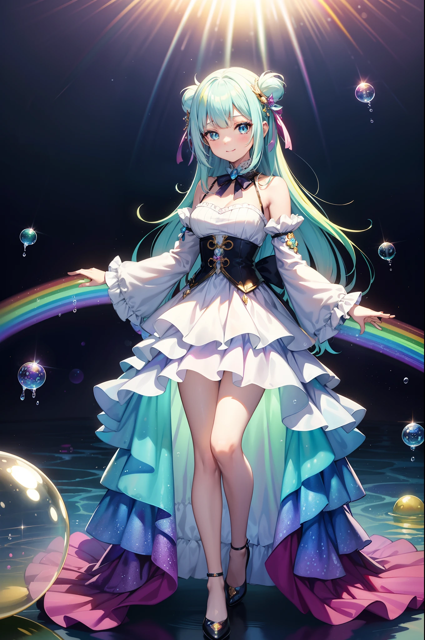 masutepiece, Best Quality, Intricate details,Beautiful Girl, Light blue long hair, Twin-tailed, A charming smile, Sparkling eyes, Otherworldly liquid fantasia background, watercolor paiting, bright vivid colors, capricious, Colorful, Layered Tiered Puffy Long Sleeve Ball Gown, ((iridescent rainbow bubbles))