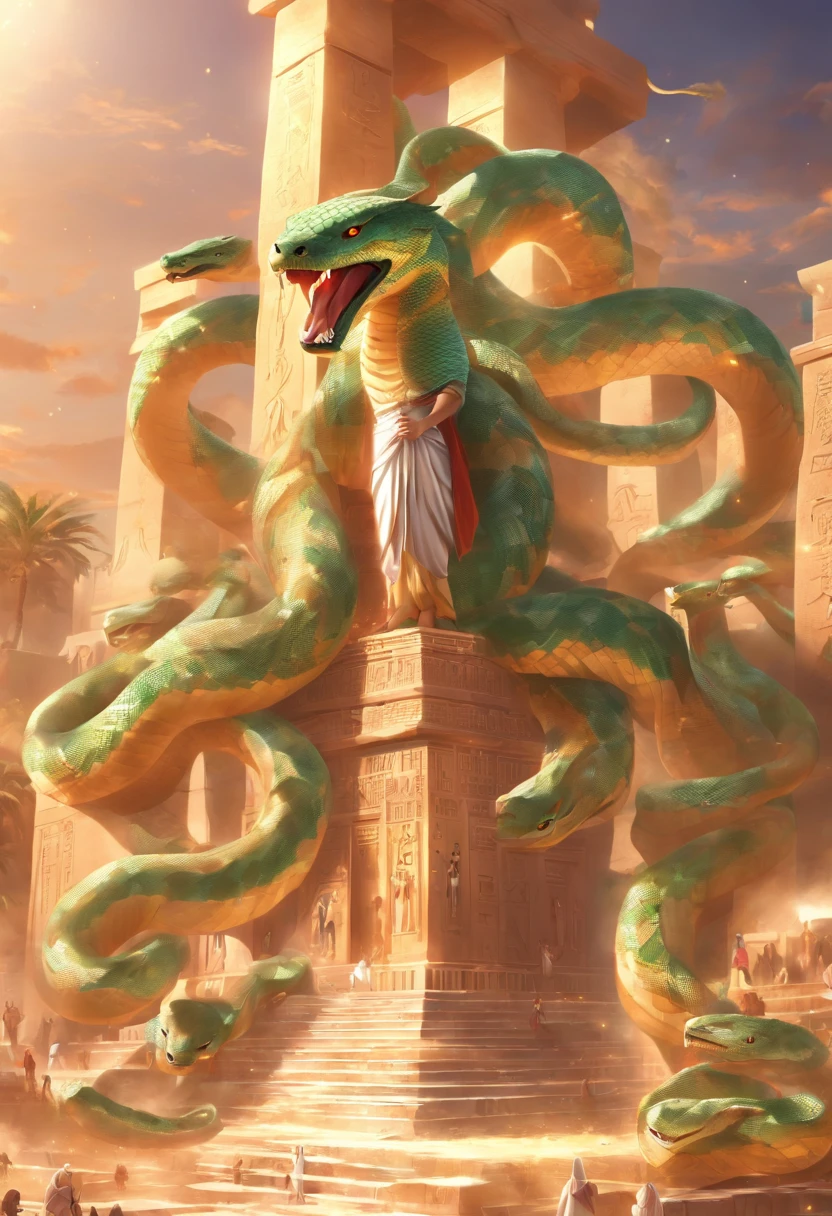 (((serpent face))) best quality, very high resolution, 4K detailed CG, masterpiece, Egyptian mythology, Renenutet, snake goddess, sun in the background, Ancient Egypt, standing pose, serpent face, white clothes , Egyptian clothing , Egyptian temple, desert, Ancient Egypt, ((serpent head)), Egyptian palace, aesthetics, beautiful image, centered on screen, standing pose