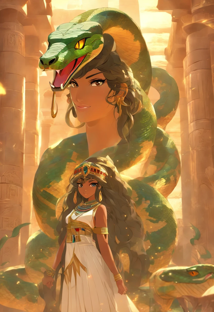 (((serpent face))) best quality, very high resolution, 4K detailed CG, masterpiece, Egyptian mythology, Renenutet, snake goddess, sun in the background, Ancient Egypt, standing pose, serpent face, white clothes , Egyptian clothing , Egyptian temple, desert, Ancient Egypt, ((serpent head)), Egyptian palace, aesthetics, beautiful image, centered on screen, standing pose