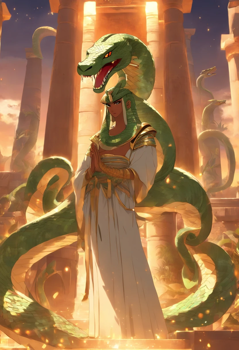 (((serpent face))) best quality, very high resolution, 4K detailed CG, masterpiece, Egyptian mythology, Renenutet, snake goddess, sun in the background, Ancient Egypt, standing pose, serpent face, white clothes , Egyptian clothing , Egyptian temple, desert, Ancient Egypt, ((serpent head)), Egyptian palace, aesthetics, beautiful image, centered on screen, standing pose