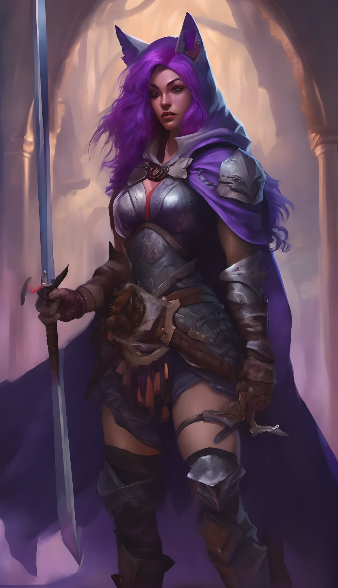a woman with purple hair and a sword in a purple outfit, fantasy paladin woman, purple armor, fantasy character art, portrait of female paladin, wearing dark purple armor, dnd fantasy character art, epic fantasy character art, extremely detailed artgerm, picture of female paladin, concept art | artgerm, epic exquisite character art