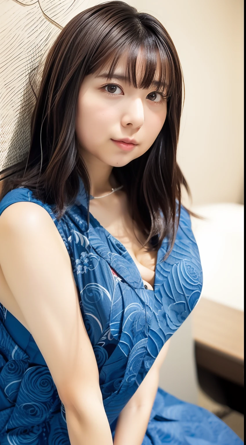 1girl in、full body Esbian、Squatting、a miniskirt、all-fours、Japanese pattern dress、cleavage of the breast、Colossal tits:1.4、traditional Japanese room、A sexy、Japan Girl、、