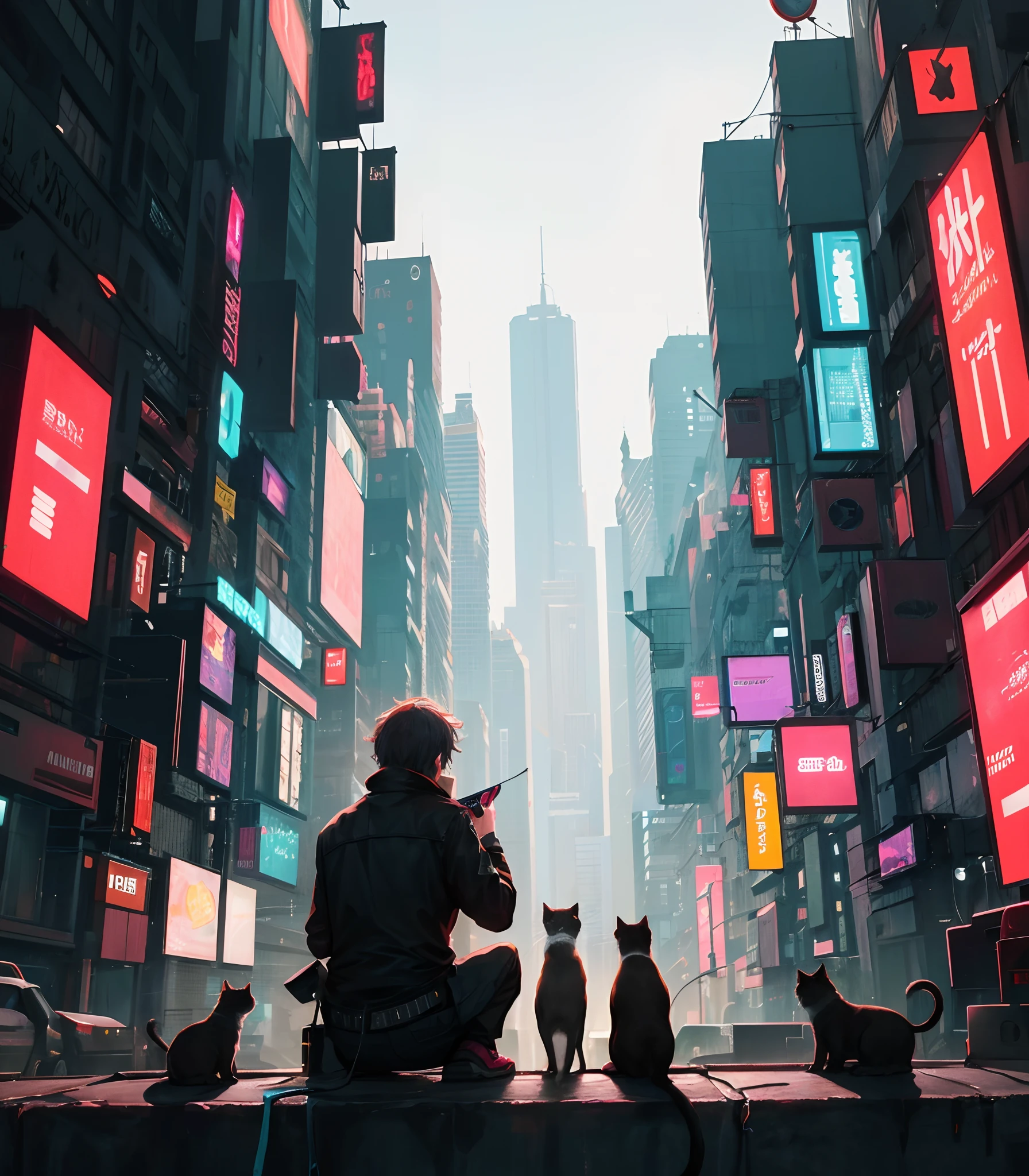A big city In cyberpunk universe with a lonely guy In the background feeding a cat, ultra hd, phone wallpaper
