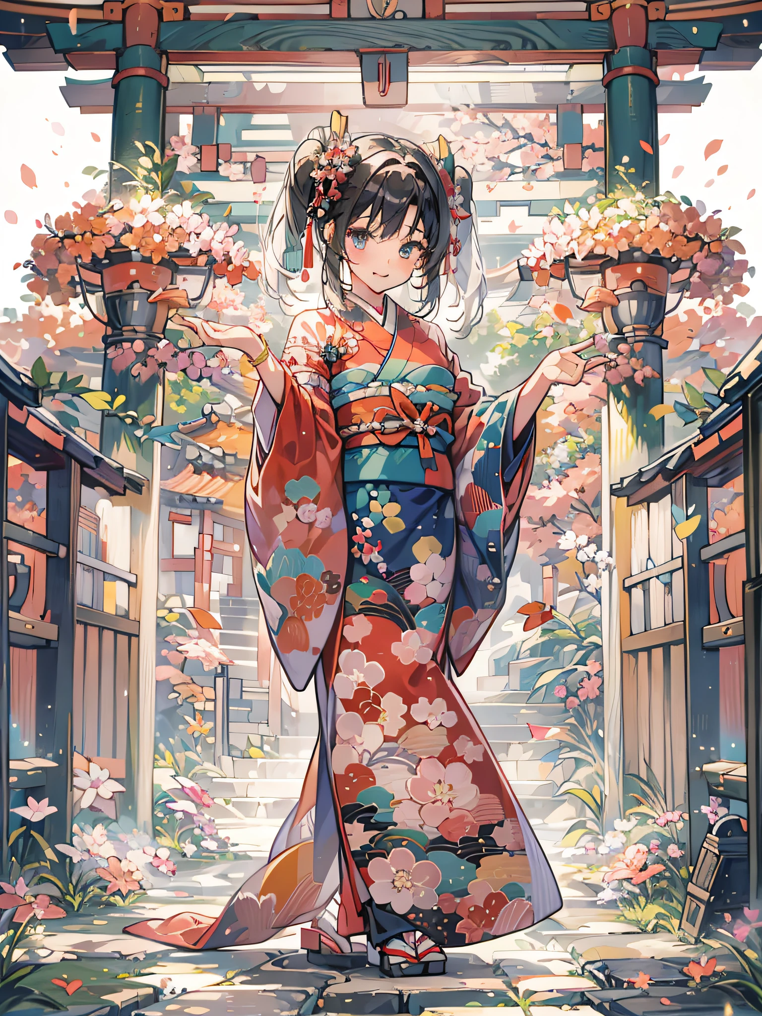 a girl, full body, twin tail hair, Japanese kimono furisode