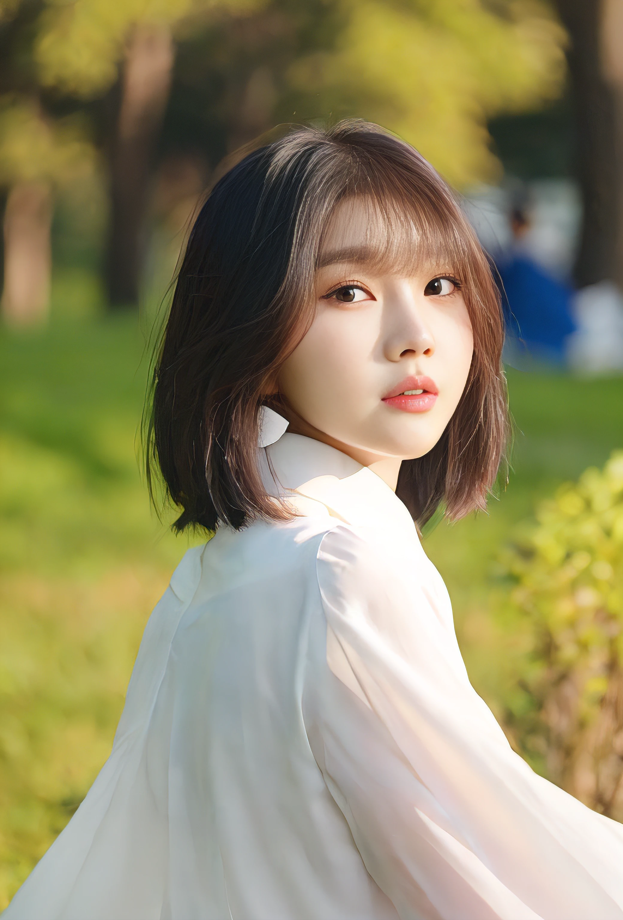 There was a woman standing on the grass, Choi Hyun-hwa, Lee Ji-eun, lee ji eun, shin min jeong, seseon yoon, portrait of female korean idol, sangsoo jeong, sun yunjoo, Kim Tae-joon, park jimin, jaeyeon nam, with short hair, korean artist