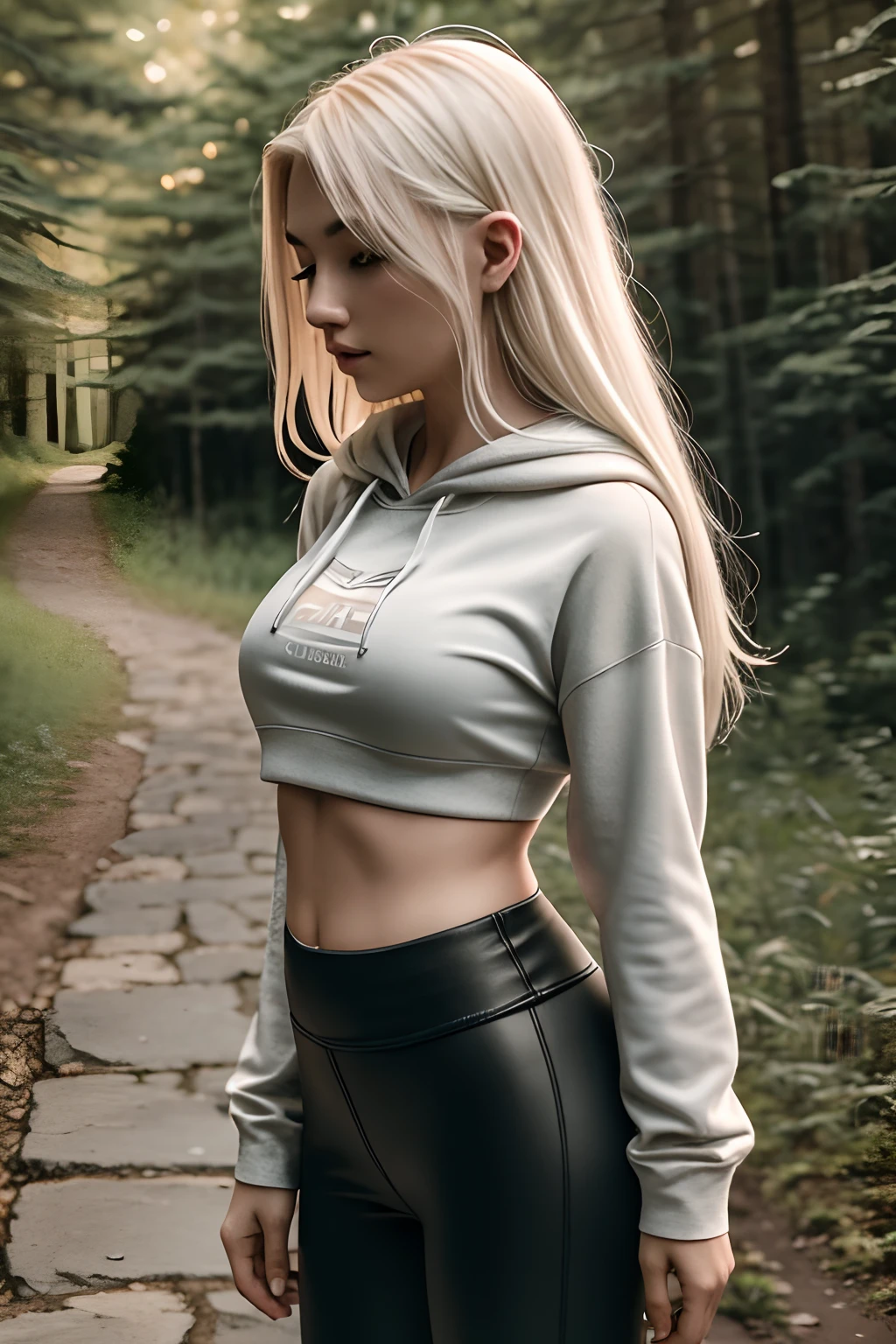 1girl in, 19, Solo, Aesthetic artwork, platinum blonde hair, long straight hair, detailed hair, full c cup breasts, c-cup, slender body, Full body, detailed skin texture, side profile, crop top hoodie, pink crop top, black leggings, hiking trail, cobblestone trail, (extremely detailed 8k wallpaper), soft lighting, high quality, film grain, Fujifilm XT3 sharp focus, f 5.6, 50mm, High Detail, Sharp focus,(natural light), (seductive), Realistic, ultra realistic, photo realistic