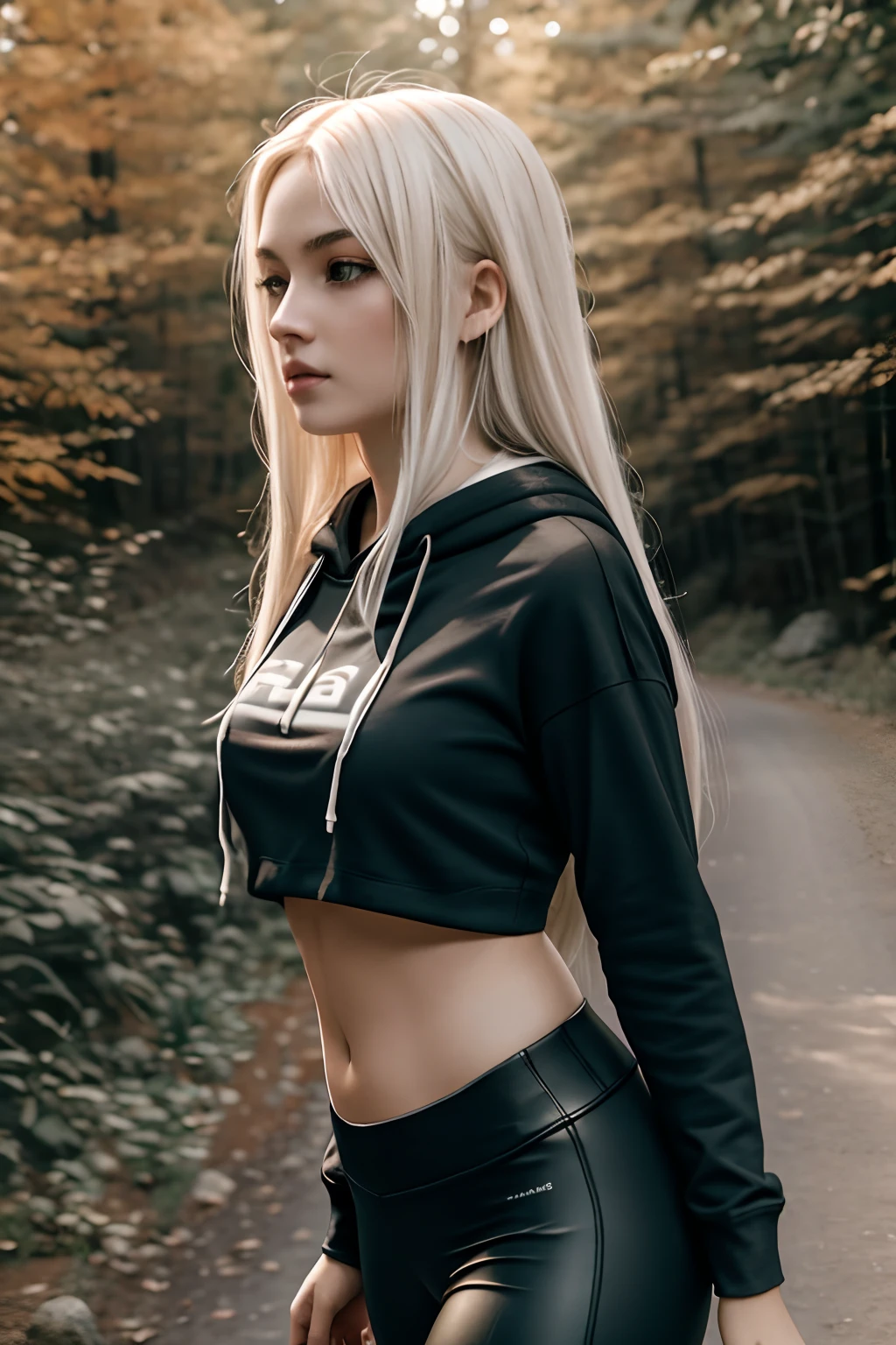 1girl in, age19, Solo, Aesthetic artwork, platinum blonde hair, long straight hair, detailed hair, full c cup breasts, c-cup, slender body, Full body, detailed skin texture, side profile, crop top hoodie, pink crop top, black leggings, hiking trail, cobblestone trail, (extremely detailed 8k wallpaper), soft lighting, high quality, film grain, Fujifilm XT3 sharp focus, f 5.6, 50mm, High Detail, Sharp focus,(natural light), (seductive), Realistic, ultra realistic, photo realistic