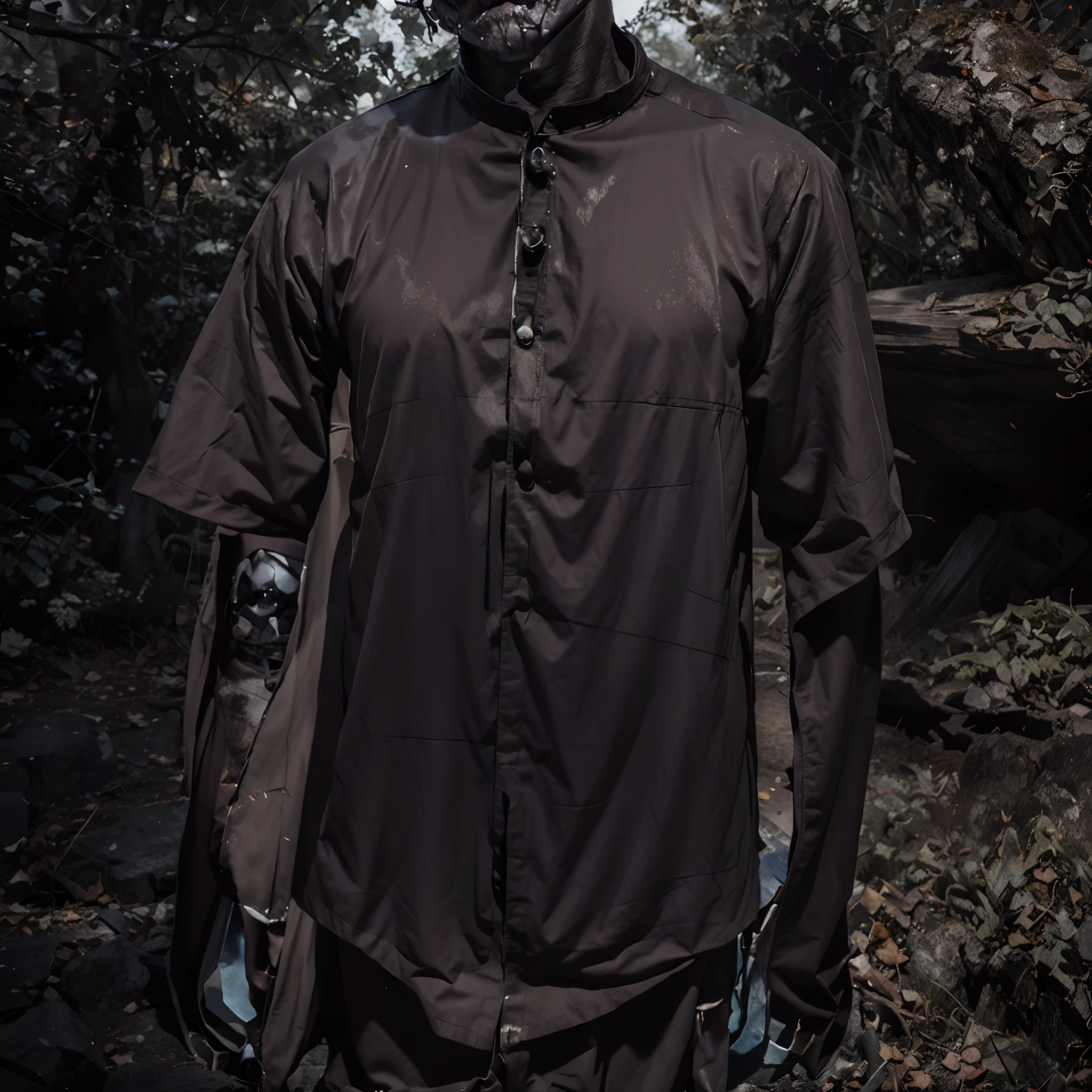 An undead paladin with a split jaw and empty eye sockets, gloomy atmosphere, rot