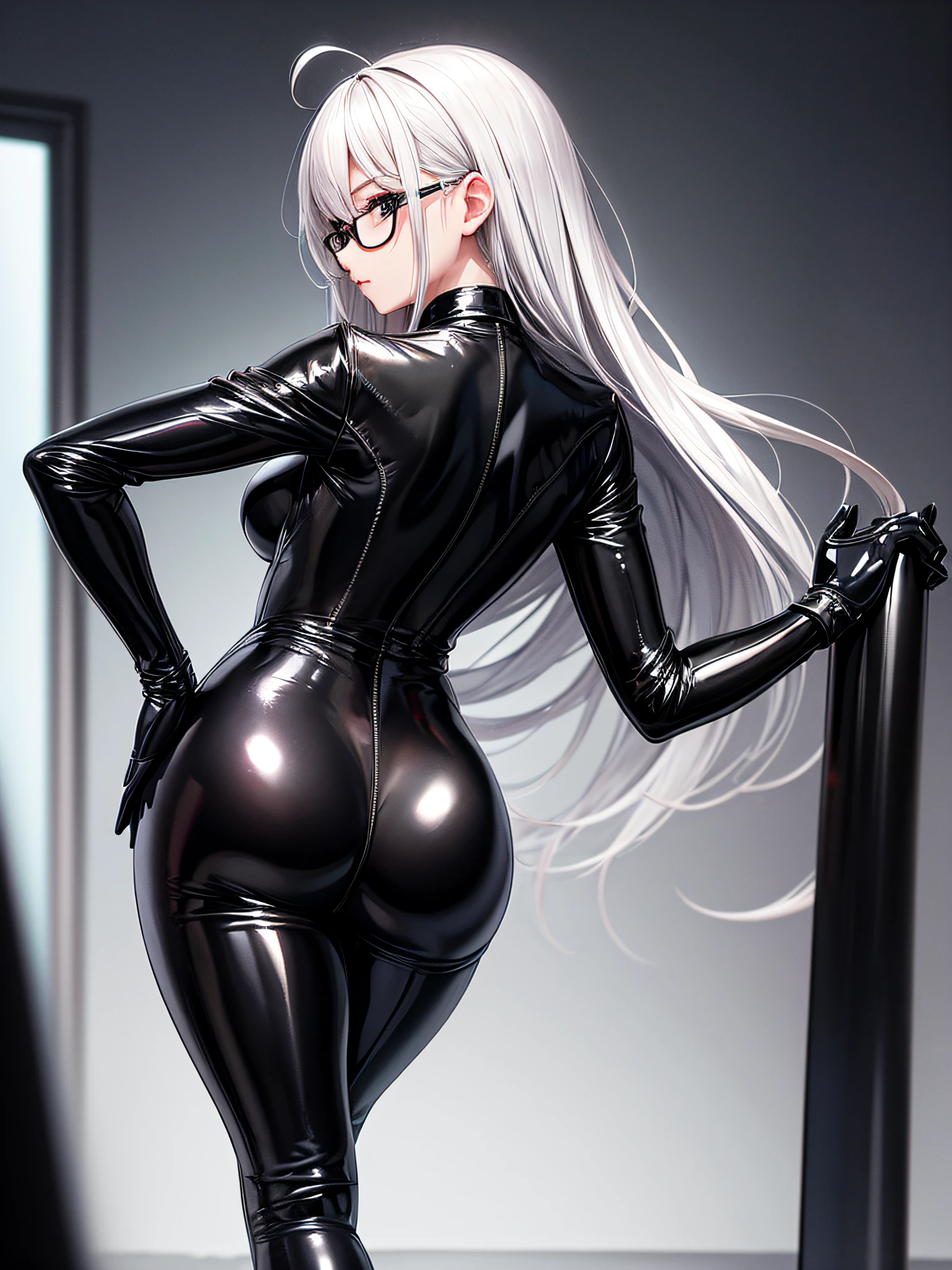 5 8K UHD、Silver-haired beauty wearing glasses and black latex slider suit is turning around with her butt facing、Shiny black latex slider suit with hidden skin、Black metallic buttocks