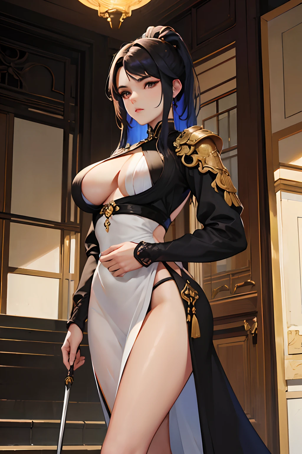 (SFW)1mulher de longos cabelos negros sedosos, olhos negros cativantes, middlebreasts, usando uma vestimenta hunfa no estilo wuxia, sensualidade impressionante, Holding a large battle spear, Standing in front of a grand staircase, arte detalhista e perfeita, epic scene (SFW)