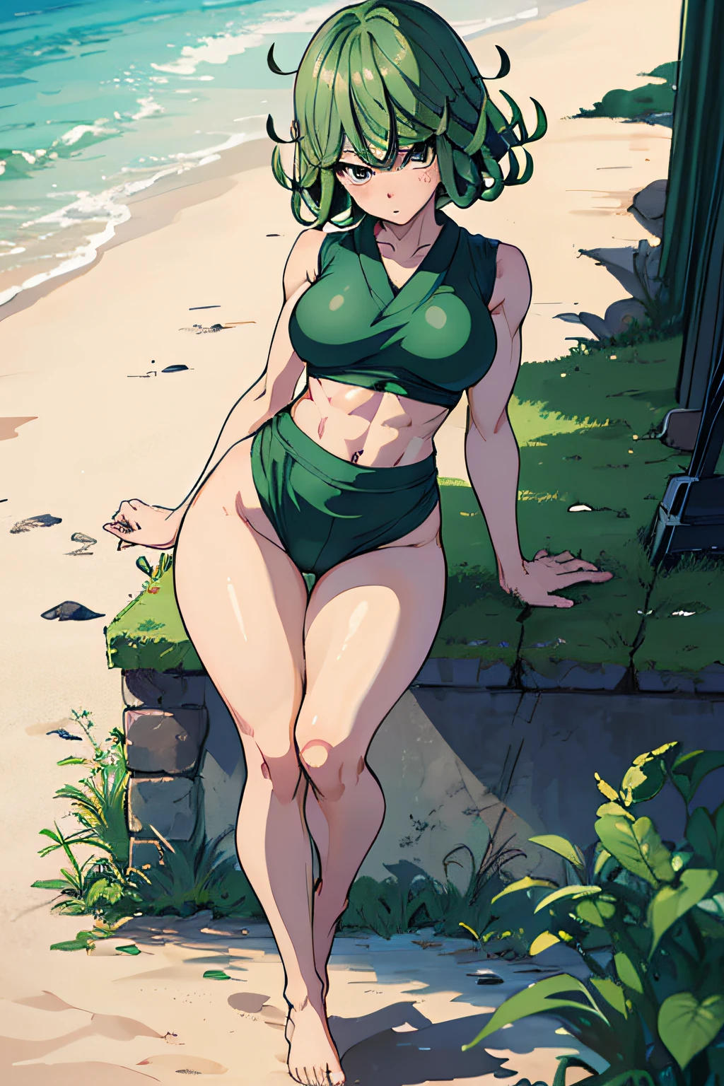masterpiece, best quality, 1girl, alone, breasts, looking at viewer, blushing, medium_breasts, full body, standing, wide hips, arms on waist, short t-shirt, green hair, (Tatsumaki: 1.7), beautiful thighs, muscular belly, barefoot