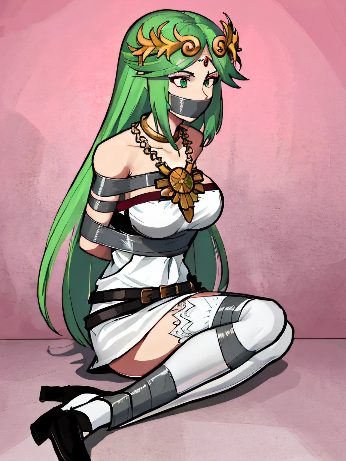 (absurdres, 8k, 4k, masterpiece, hyper extreme detailed:1.2), solo, 1girl, side view portrait, best quality, expressive eyes, perfect face, 1girl, portrait, solo, Female, mature female, adult, hmpa1, palutena, parted bangs, tiara, large breasts, necklace, bare shoulders, strapless dress, vambraces, belt, white dress, white thighhighs, single thighhigh,  bound, bondage, (arms behind back:1.4), bdsm, tape gag, tape, tape bondage, restrained, tape wrapped, wrap gag, bondage, taped wrists, taped breasts, taped mouth, taped elbows, taped forearms, standing up, 1girl, taped thighs, taped ankles, tape gagged, wrap gag,