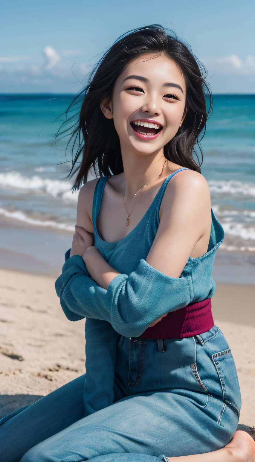 vests、​masterpiece、An ultra-high picture quality、realisitic、girl、(Beauty Face 1.4 Otome)、(mediummilk)、((Constriction waist))、Bokeh、micron、glowy skin、headw、(((fullllbody)))、Bring your chest together with your arms、Beautiful collarbone、shores、suns、the beach、Slim body、(((Smile full of happiness)))、(((Opens mouth and laughs))),,,