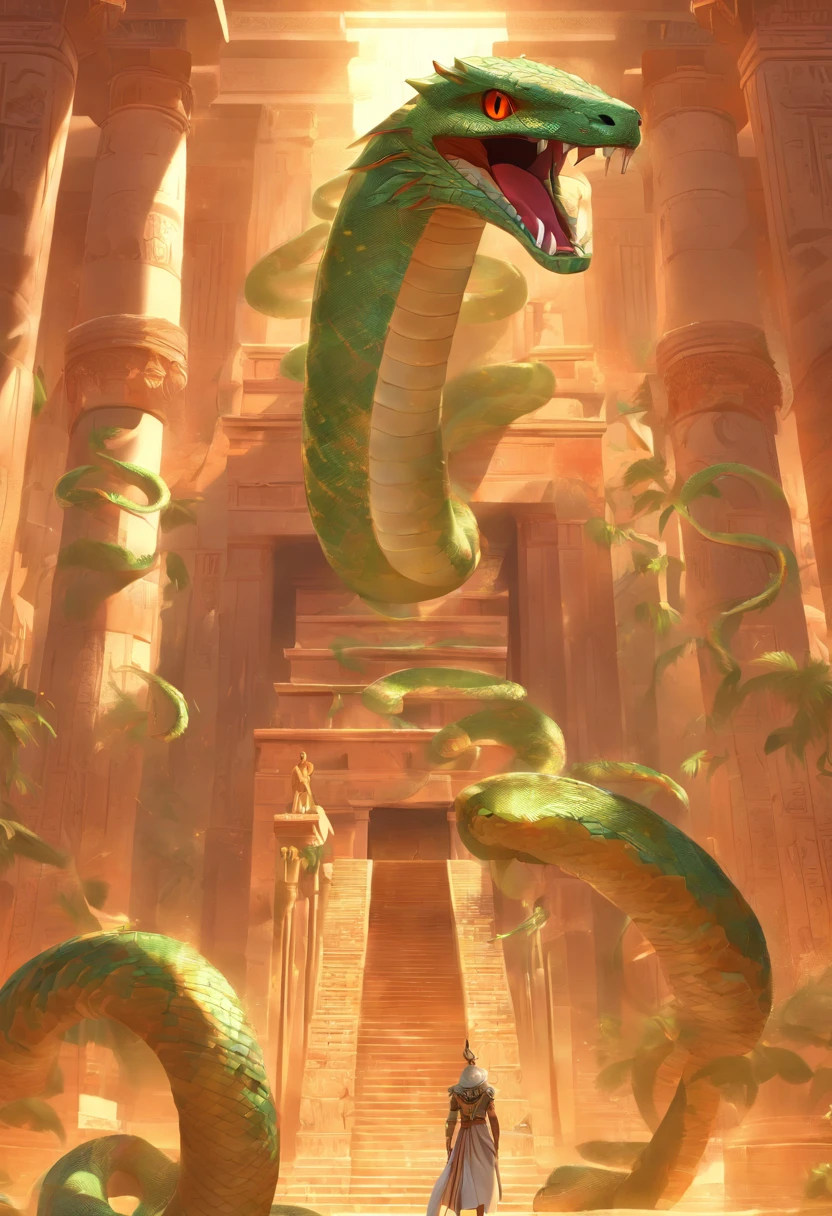 (((serpent face))) best quality, very high resolution, 4K detailed CG, masterpiece, Egyptian mythology, Renenutet, snake goddess, sun in the background, Ancient Egypt, standing pose, serpent face, white clothes , Egyptian clothing , Egyptian temple, desert, Ancient Egypt, ((serpent head)), Egyptian palace, aesthetics, beautiful image, centered on screen, standing pose