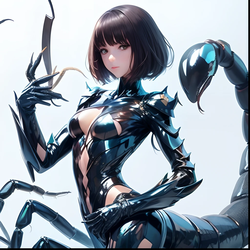 Beautiful girl fused with a scorpion. She is biological armor. Evil Costume. shiny body suits. Full body image.