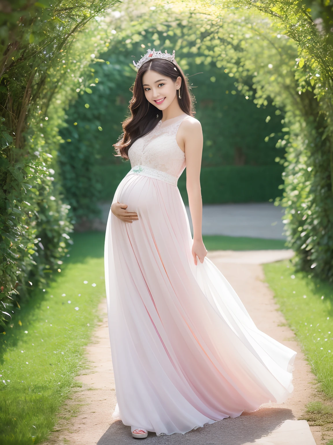 (highest quality、masterpiece、8K、Highest image quality、Award-winning work)、1 female、walk in the park、(Huge belly in late pregnancy:1.3)、classy maternity clothes、See-through maternity clothes、Lace decoration、perfect makeup、Slender、the biggest smile looking at me、(Standing full body photo:1.2)、perfect ???????、Blurred cherry blossoms in full bloom,、Large grassy park、refreshing atmosphere、very bright and vivid、Super high definition beautiful eyes、Super high definition perfect beautiful teeth、Ultra high definition beautiful face、Ultra HD Beautiful Hair、perfect teeth alignment