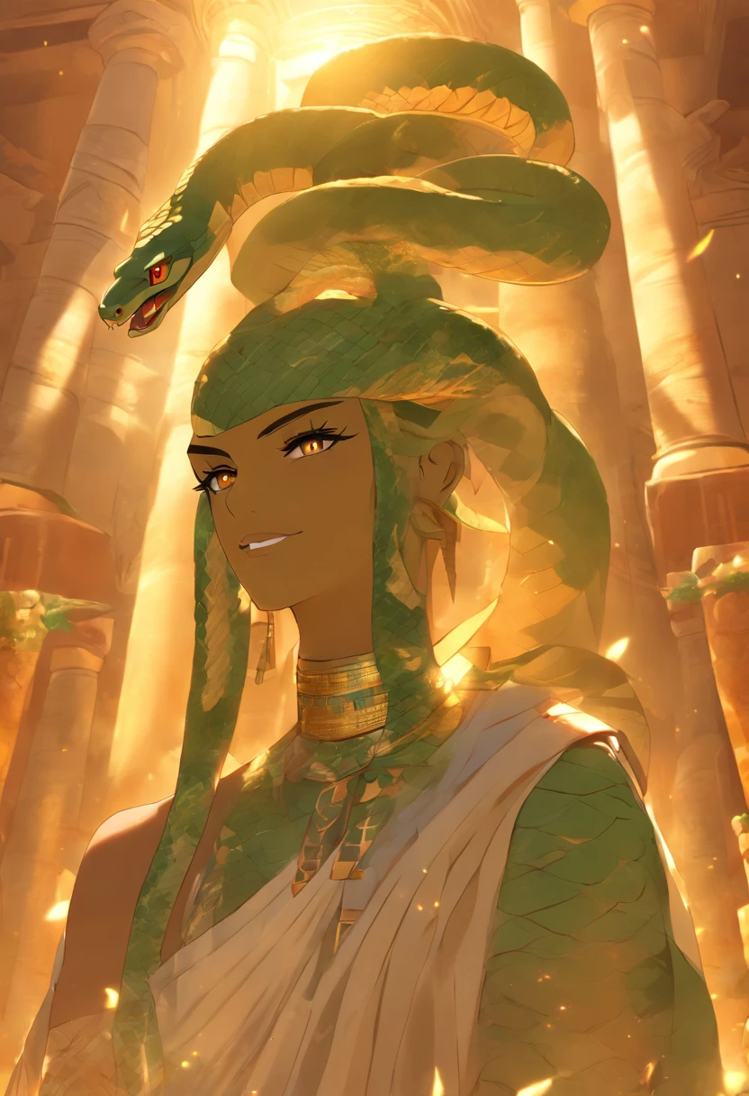 (((serpent face))) best quality, very high resolution, 4K detailed CG, masterpiece, Egyptian mythology, Renenutet, snake goddess, sun in the background, Ancient Egypt, standing pose, serpent face, white clothes , Egyptian clothing , Egyptian temple, desert, Ancient Egypt, ((serpent face)), Egyptian palace, aesthetics, beautiful image, centered on screen, standing pose