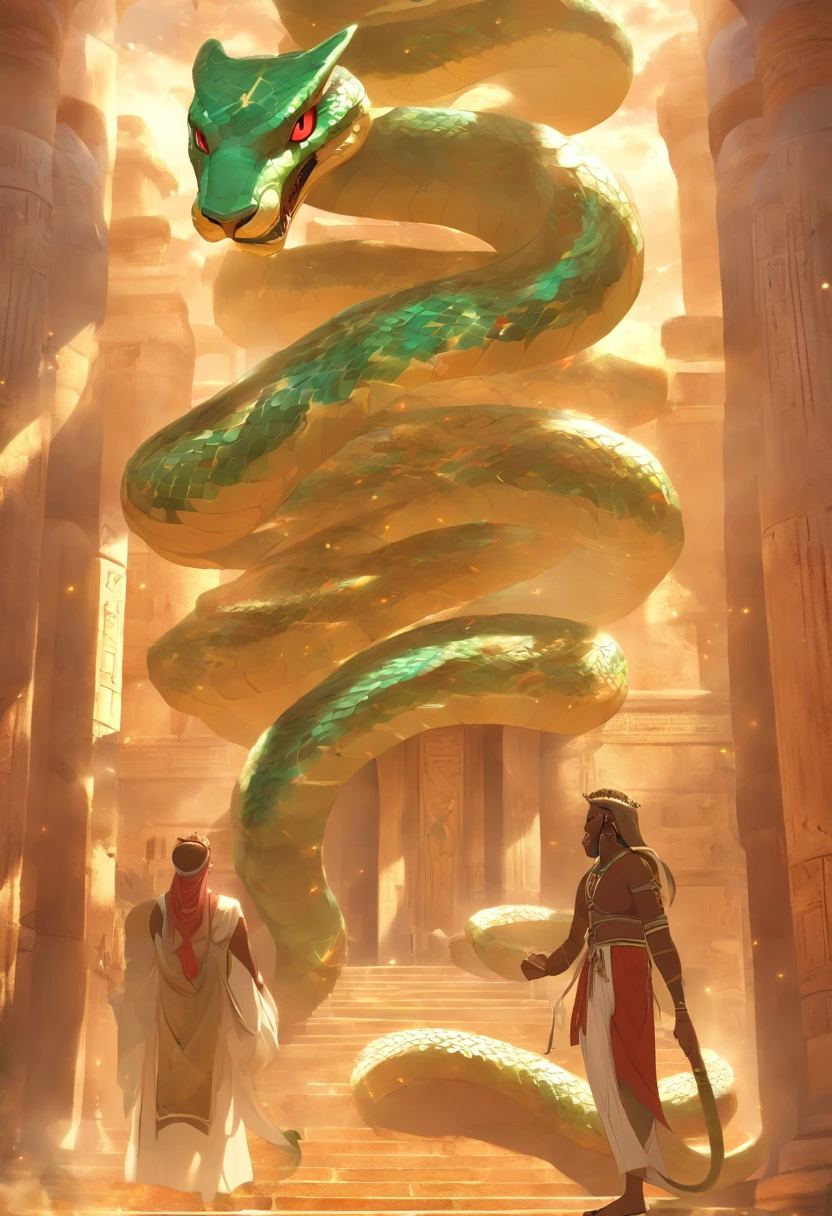 (((serpent face))) best quality, very high resolution, 4K detailed CG, masterpiece, Egyptian mythology, Renenutet, snake goddess, sun in the background, Ancient Egypt, standing pose, serpent face, white clothes , Egyptian clothing , Egyptian temple, desert, Ancient Egypt, ((serpent face)), Egyptian palace, aesthetics, beautiful image, centered on screen, standing pose