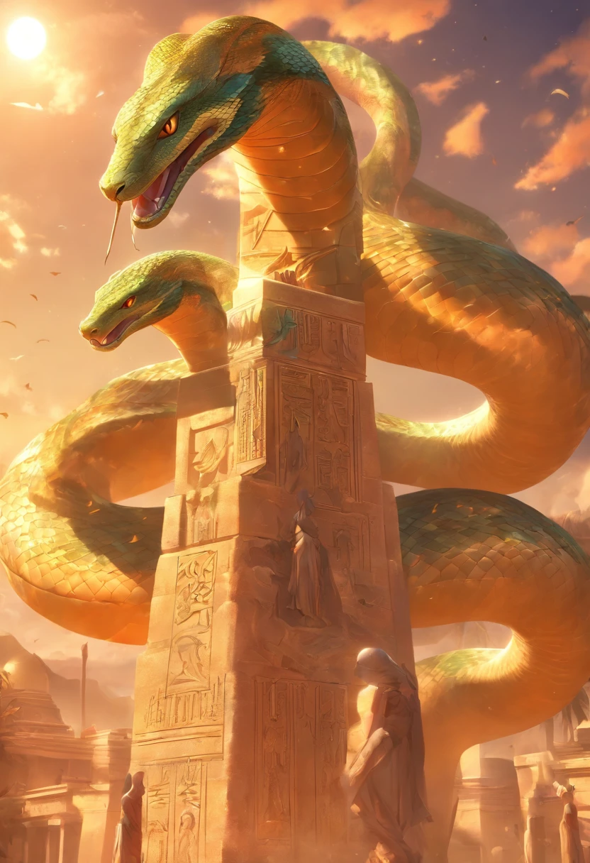 (((serpent face))) best quality, very high resolution, 4K detailed CG, masterpiece, Egyptian mythology, Renenutet, snake goddess, sun in the background, Ancient Egypt, standing pose, serpent face, white clothes , Egyptian clothing , Egyptian temple, desert, Ancient Egypt, ((serpent face)), Egyptian palace, aesthetics, beautiful image, centered on screen, standing pose