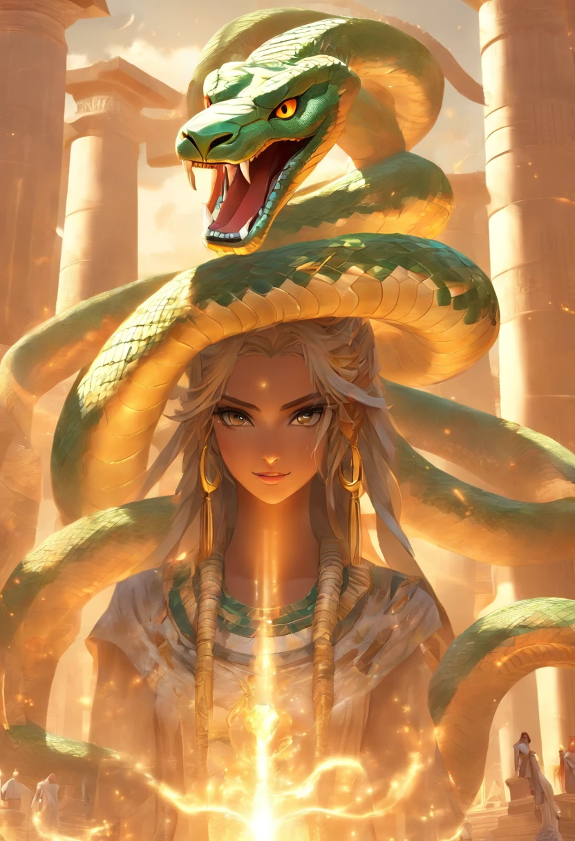 (((serpent face))) best quality, very high resolution, 4K detailed CG, masterpiece, Egyptian mythology, Renenutet, snake goddess, sun in the background, Ancient Egypt, standing pose, serpent face, white clothes , Egyptian clothing , Egyptian temple, desert, Ancient Egypt, ((serpent face)), Egyptian palace, aesthetics, beautiful image, centered on screen, standing pose