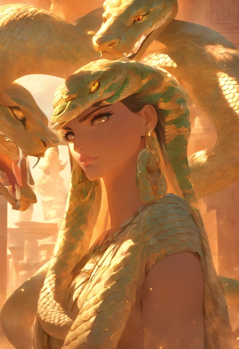 (((serpent face))) best quality, very high resolution, 4K detailed CG, masterpiece, Egyptian mythology, Renenutet, snake goddess, sun in the background, Ancient Egypt, standing pose, serpent face, white clothes , Egyptian clothing , Egyptian temple, desert, Ancient Egypt, ((serpent head)), Egyptian palace, aesthetics, beautiful image, centered on screen, standing pose