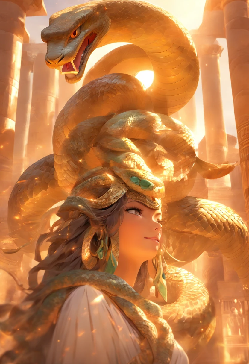 (((serpent face))) best quality, very high resolution, 4K detailed CG, masterpiece, Egyptian mythology, Renenutet, snake goddess, sun in the background, Ancient Egypt, standing pose, serpent face, white clothes , Egyptian clothing , Egyptian temple, desert, Ancient Egypt, ((serpent head)), Egyptian palace, aesthetics, beautiful image, centered on screen, standing pose