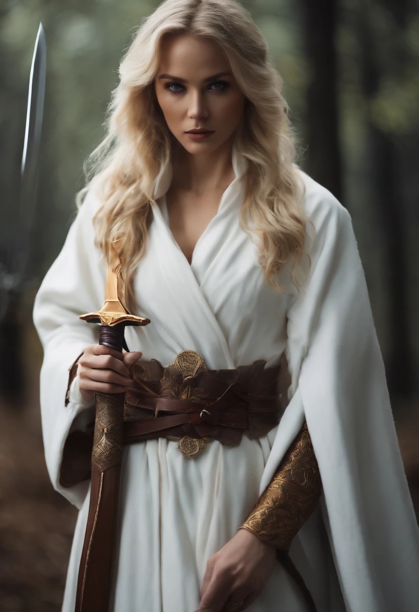 swordsmen、Holding a sword、Long body、Beautuful Women a blond、White long coat