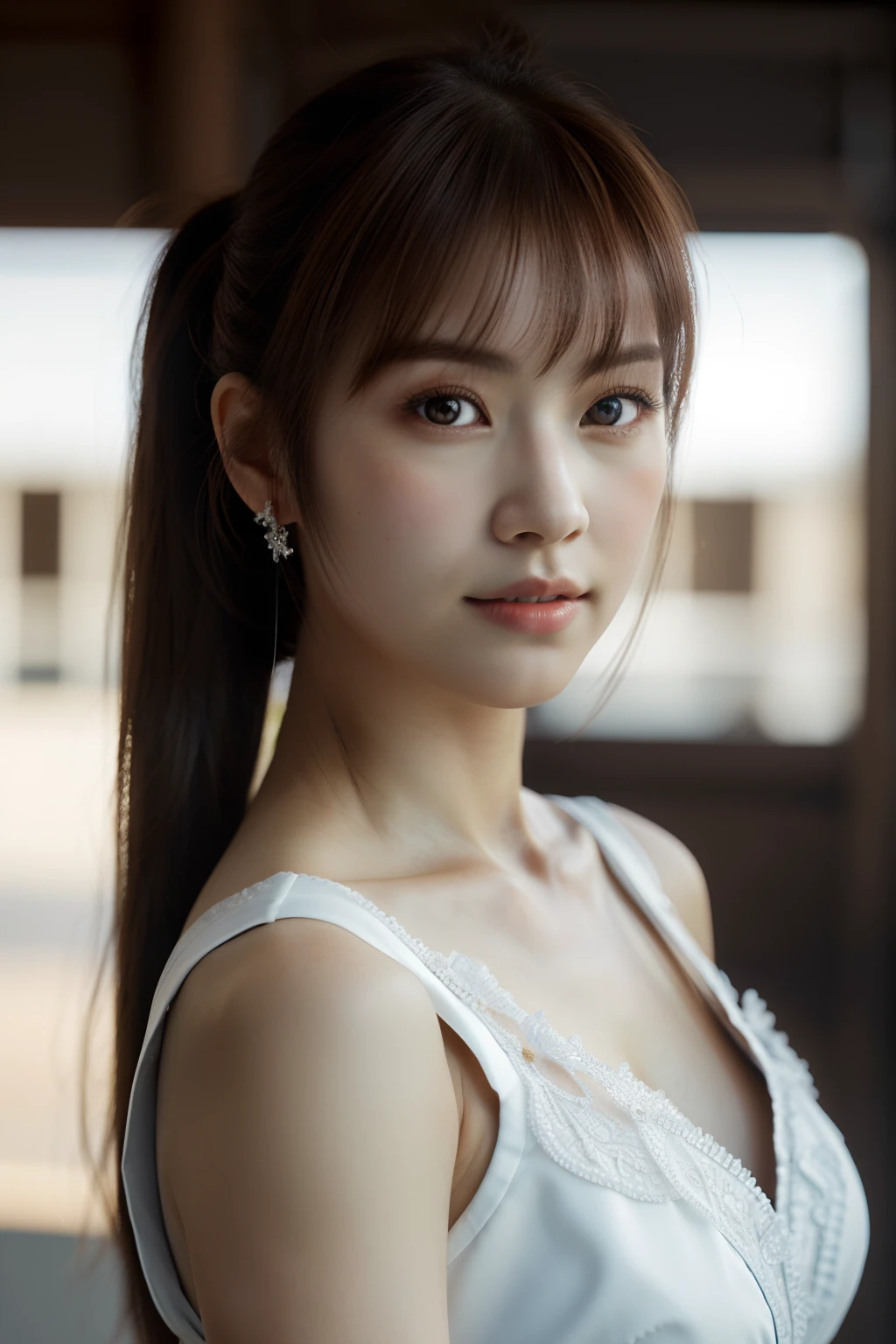 8K, top-quality, Real Image, intricate detailes, ultra-detailliert, 超A high resolution, Depth Field, (Photorealsitic, realisitic:1.2), ​masterpiece, Kasumi \(doa\), Wearing white Japan clothes, bare shoulders​, breastsout, Brown-eyed, brown haired, s lips, length hair, poneyTail, 独奏, suns, blue open sky, (intricate detailes:1.2), (delicate detail), (ciinematic light), Clear Line, foco nítido, Lifelike face, A detailed face, Unity 8k Wallpapers, ((Look at viewers))