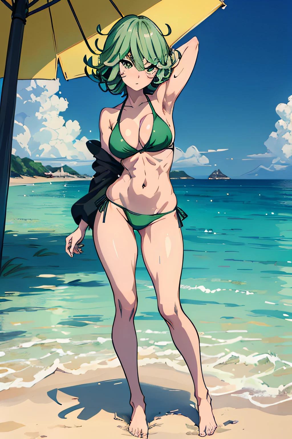 masterpiece, best quality, 1girl, alone, breasts, looking at viewer, blushing, medium_breasts, full body, standing, arms on waist, wearing green bikini, on the beach, green hair, (Tatsumaki: 1.7), beautiful thighs , faithful to the anime, muscular belly, barefoot, focus on the beautiful thighs