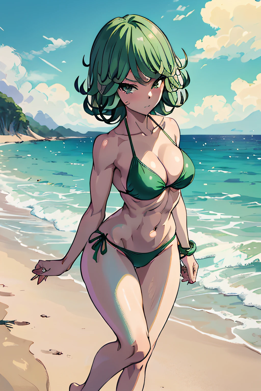 masterpiece, best quality, 1girl, alone, breasts, looking at viewer, blushing, medium_breasts, full body, standing, arms on waist, wearing green bikini, on the beach, green hair, (Tatsumaki: 1.7), beautiful thighs , faithful to the anime, muscular belly, barefoot, focus on the beautiful thighs