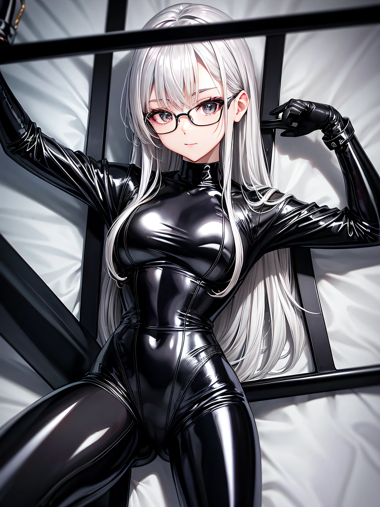 5 8K UHD、Silver-haired beauty wearing glasses and black latex slider suit is posing with open legs、Shiny black latex slider suit with hidden skin