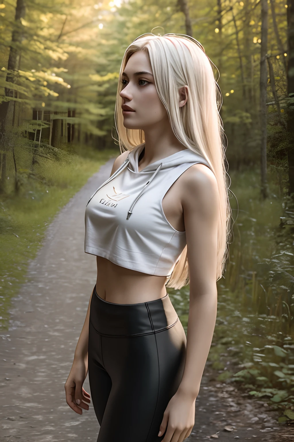 1girl in, age19, Solo, Aesthetic artwork, platinum blonde hair, long straight hair, detailed hair, full c cup breasts, c-cup, slender body, Full body, detailed skin texture, side profile, crop top hoodie, pink crop top, black leggings, hiking trail, cobblestone trail, (extremely detailed 8k wallpaper), soft lighting, high quality, film grain, Fujifilm XT3 sharp focus, f 5.6, 50mm, High Detail, Sharp focus,(natural light), (seductive), Realistic, ultra realistic, photo realistic