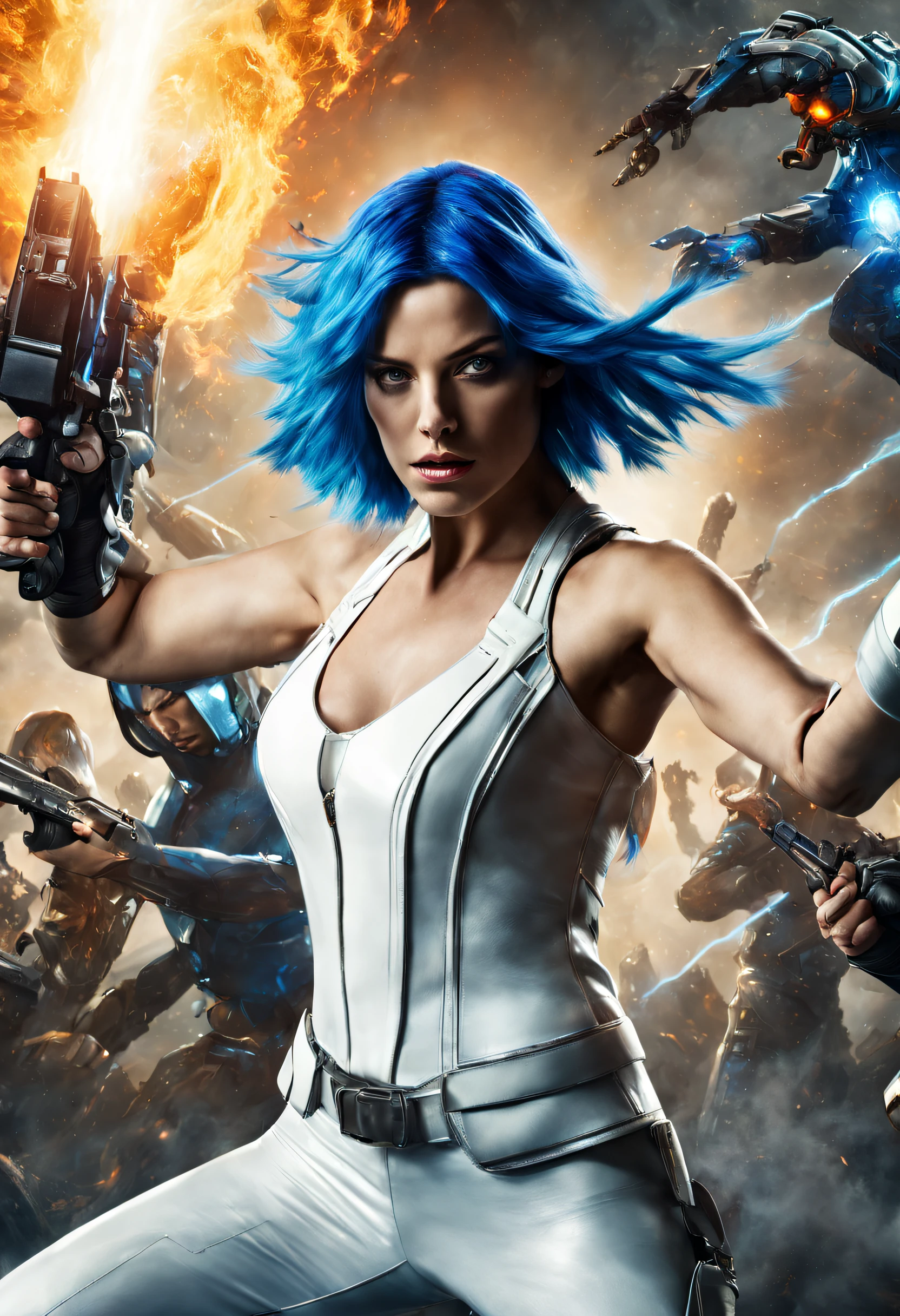 Award-winning photo of a superhero with blue hair and laser eyes and white leather outfit fighting aliens, fiery hands, blaues Feuer aus den Augen, UHD-Bild, photorealistic portraits, Flowing lines and curves, Fesselnder Blick, UHD, Inspiriert von (Ashley Greene:1.005)|(Kailey Kloss:1.001),(Anne Hathaway:0.805)|(Milla Jovovich:1.005)