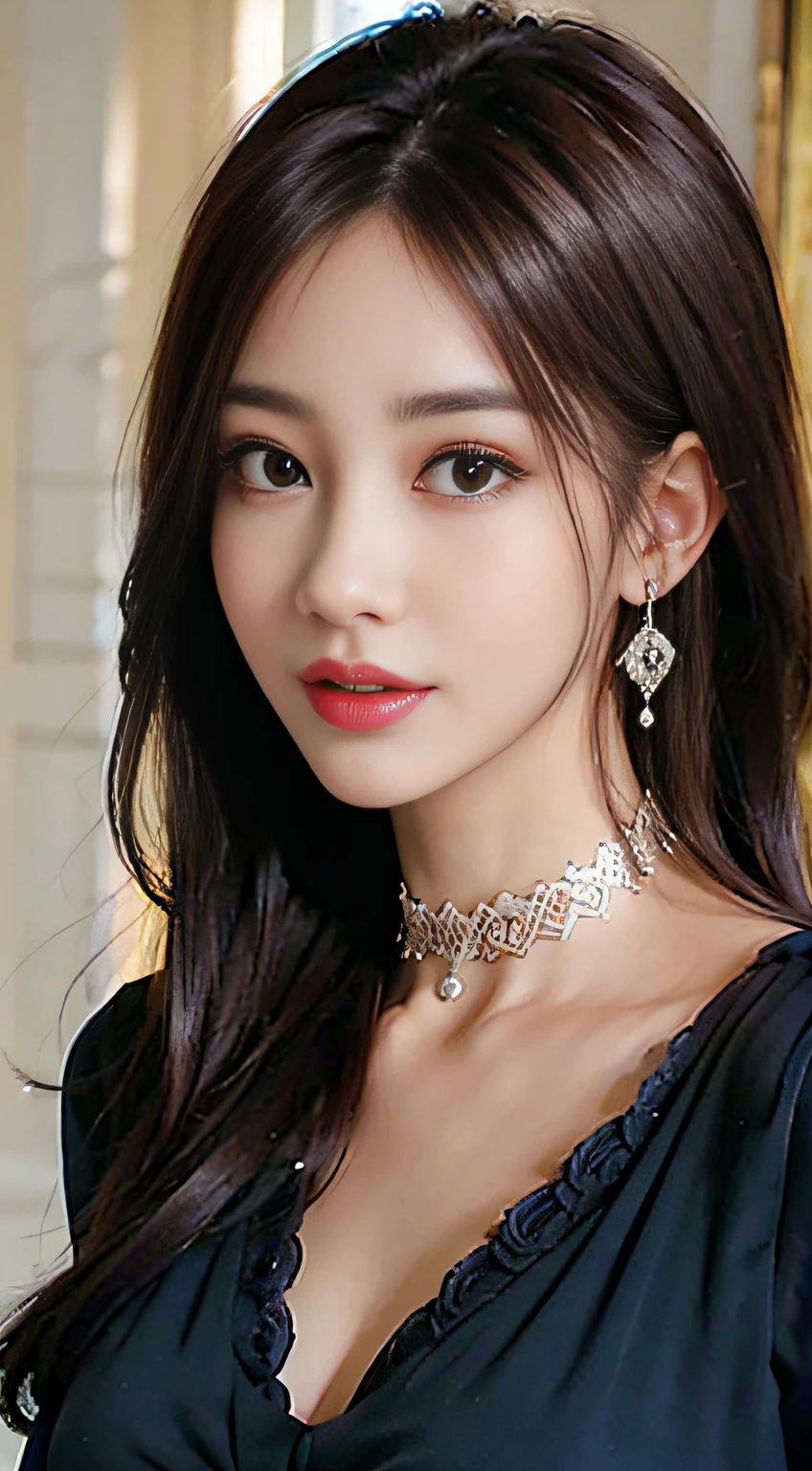 (Best Quality,4K,8K,hight resolution,masutepiece:1.2),Ultra-detailed,(Realistic,Photorealistic,Photorealsitic:1.37),Beautiful expressive eyes,long eyelashes,Beautiful detailed lips,Detailed hair and face,Friendly smile,Clean and perfect skin,(Very large breasts, Big Tits, oversized tits),long,(earrings, lace choker, Stylish dark blue dress),Bright interior,